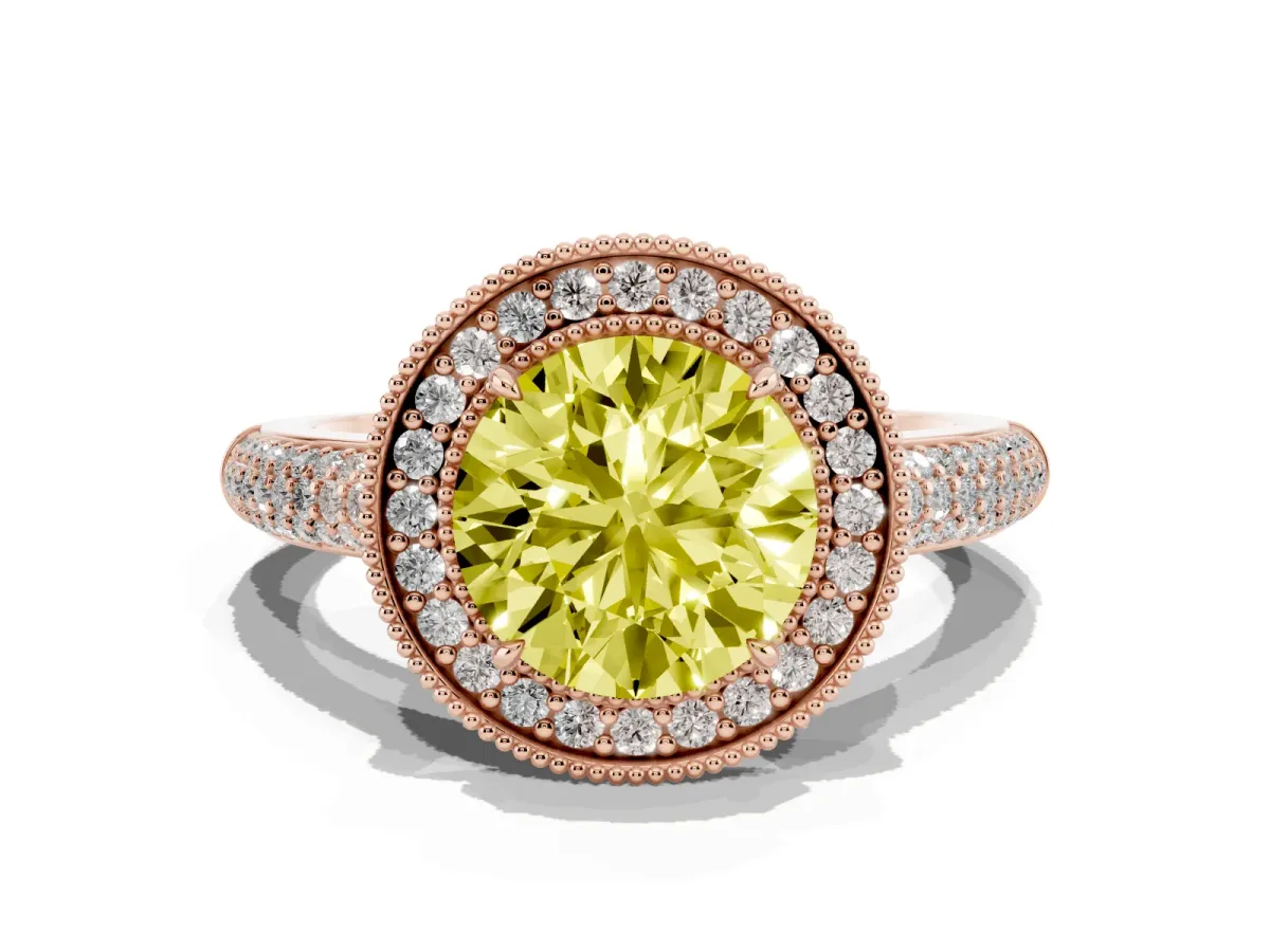Fancy Yellow Round Cut Cut Halo Diamond Pave Band with Four-Prong Setting Rose gold
