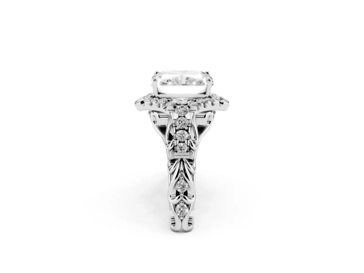 Radiant Cut Diamond Solitaire Ring with Hidden Halo and Pavé Band Silver