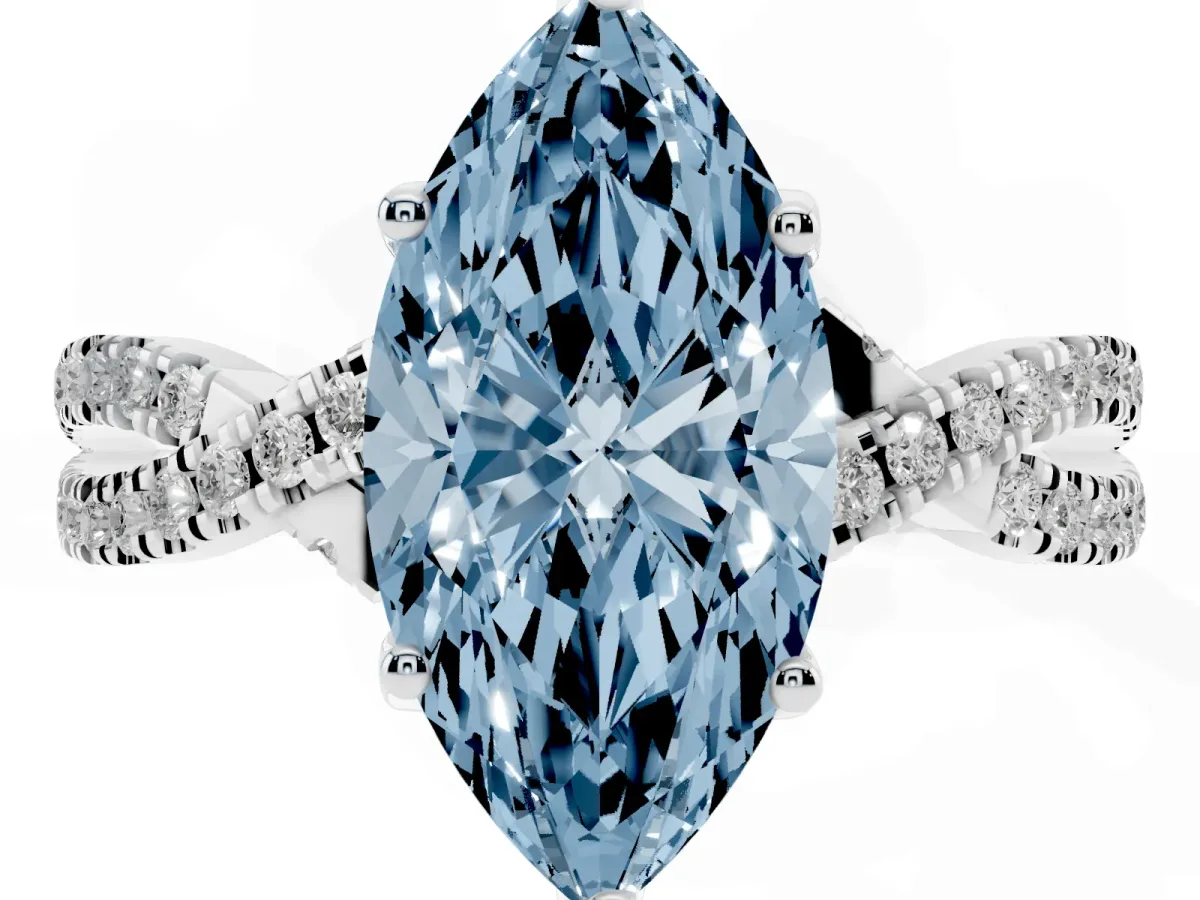 Fancy Blue Marquise Cut Solitaire Twist Pave Diamond Engagement Ring with Prong Setting Silver