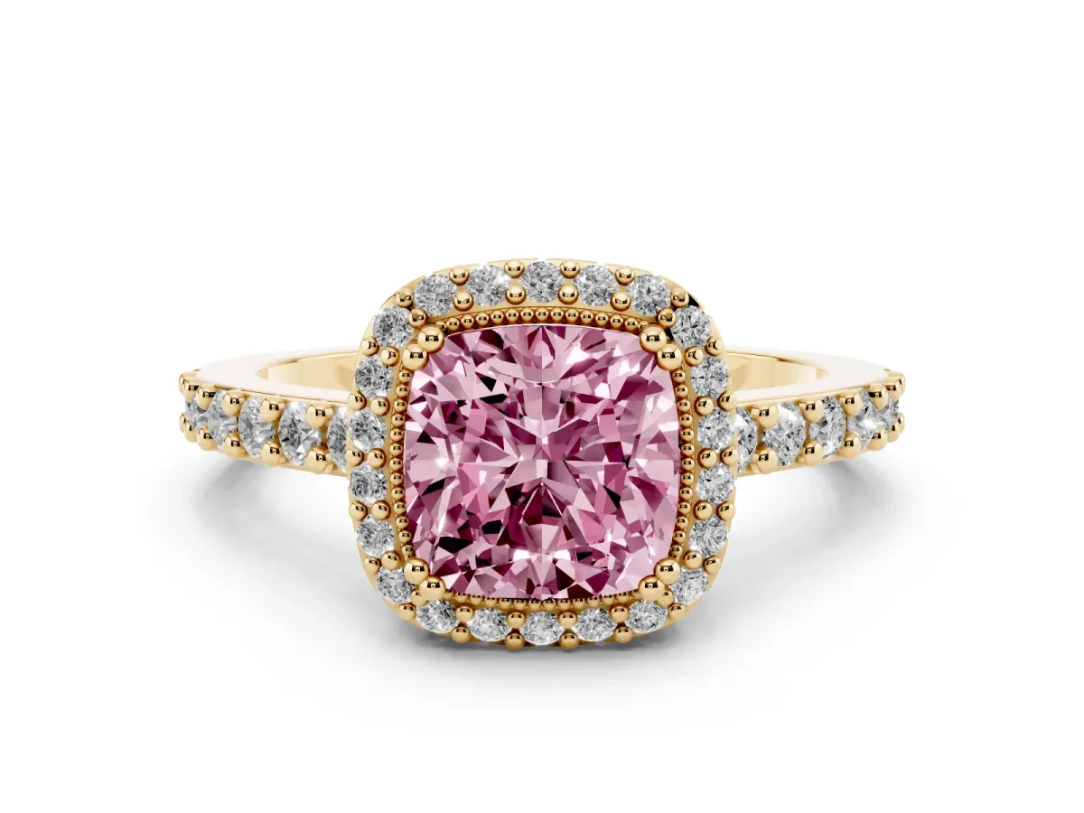 Fancy Pink Cushion Cut Cut Diamond Halo Engagement Ring with Milgrain Detail and Pavé Band Yellow gold
