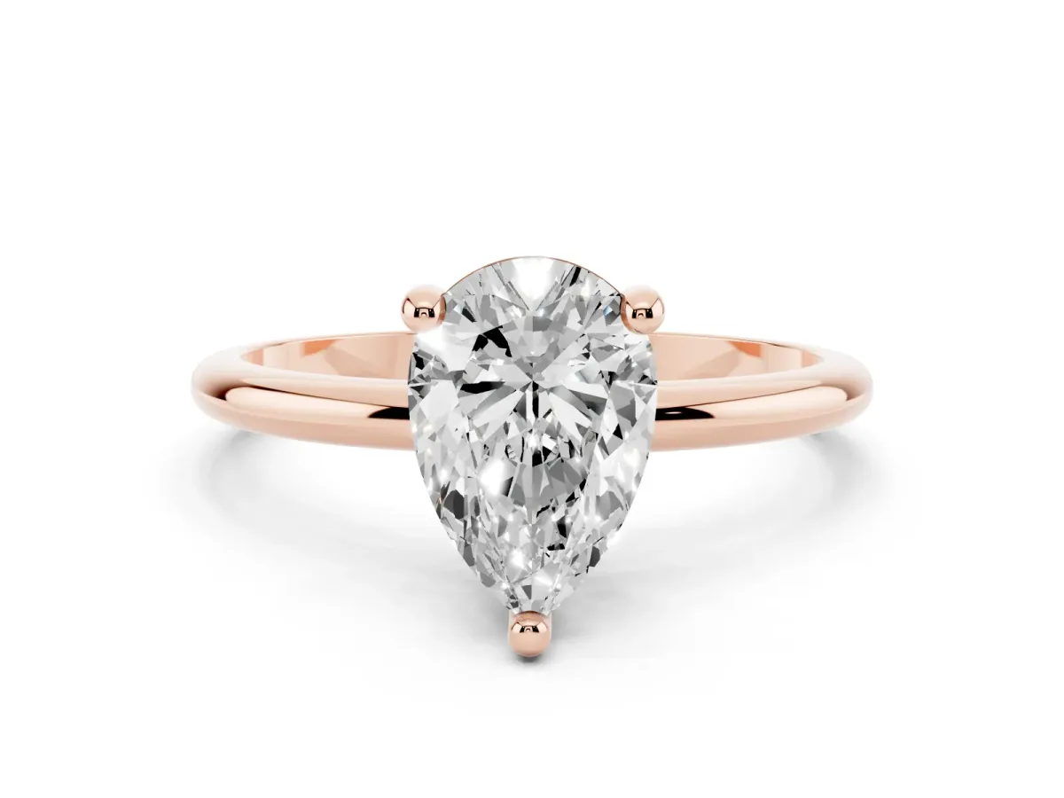 Pear Cut Solitaire Diamond Ring with 4-Prong Setting on a Classic Band Rose gold