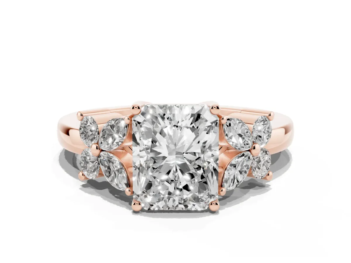 Radiant Cut Diamond Floral Cluster Ring with Solitaire Band and Prong Setting Rose gold