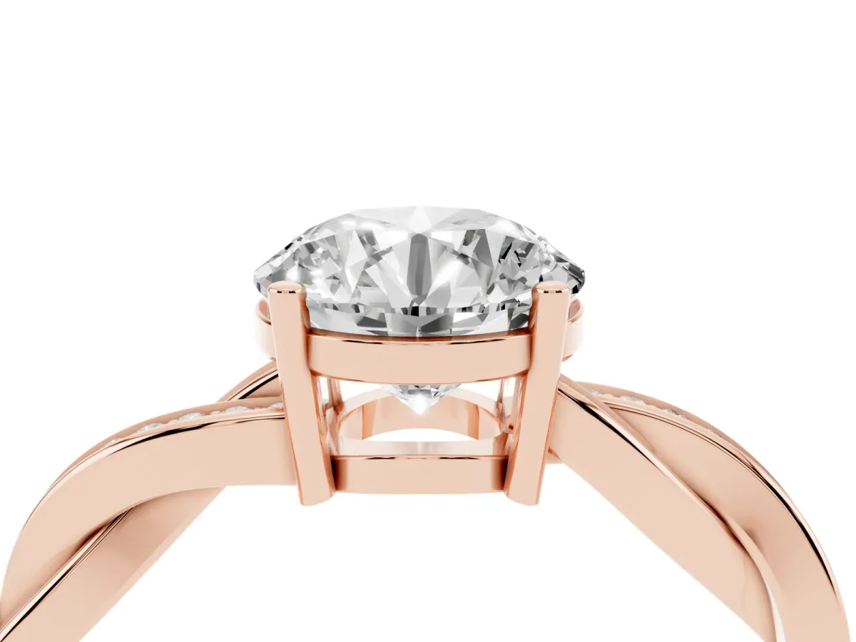 Round Cut Solitaire Twisted Pave Diamond Ring with Four-Prong Setting Rose gold