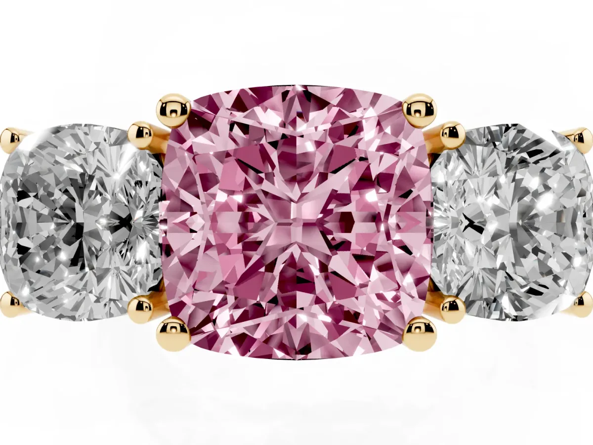 Fancy Pink Three-Stone Cushion Cut Cut Diamond Engagement Ring with Flat Band and Four-Prong Setting Yellow gold