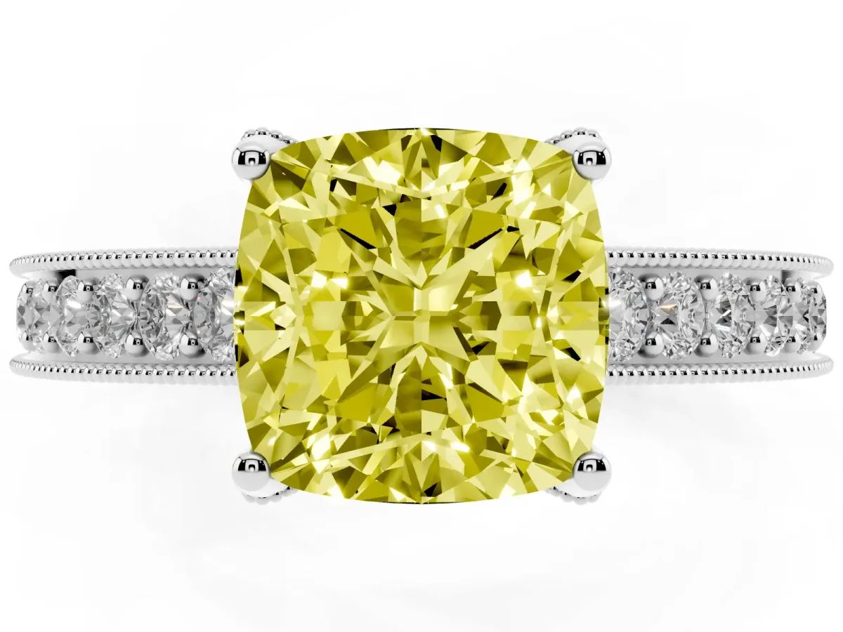 Fancy Yellow Cushion Cut Cut Diamond Solitaire Ring with Milgrain Pave Band and Four Prong Setting Silver