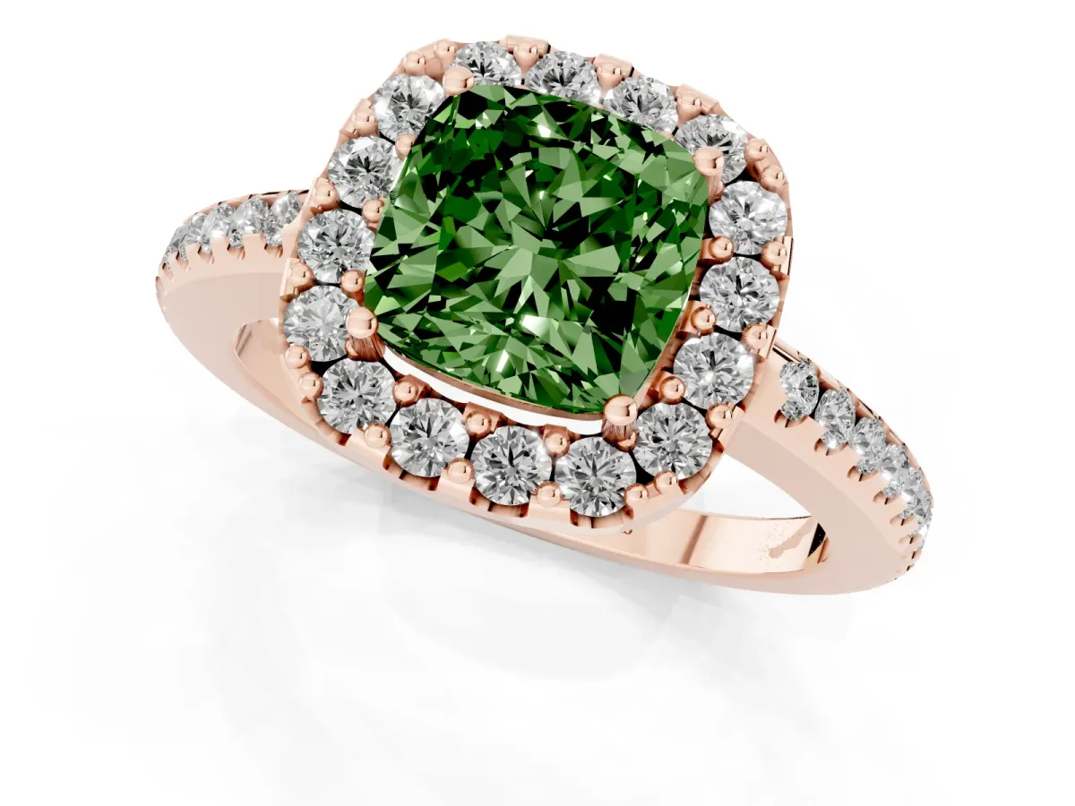 Fancy Green Cushion Cut Diamond Pavé Halo Ring with Four-Prong Setting Rose gold
