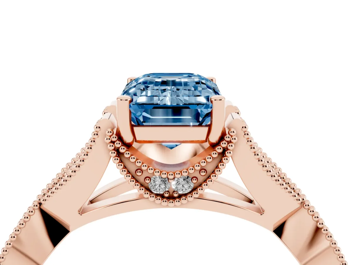 Fancy Blue Emerald Cut Cut Diamond Twisted Band with Milgrain Pave Setting and Four-Prong Setting Rose gold