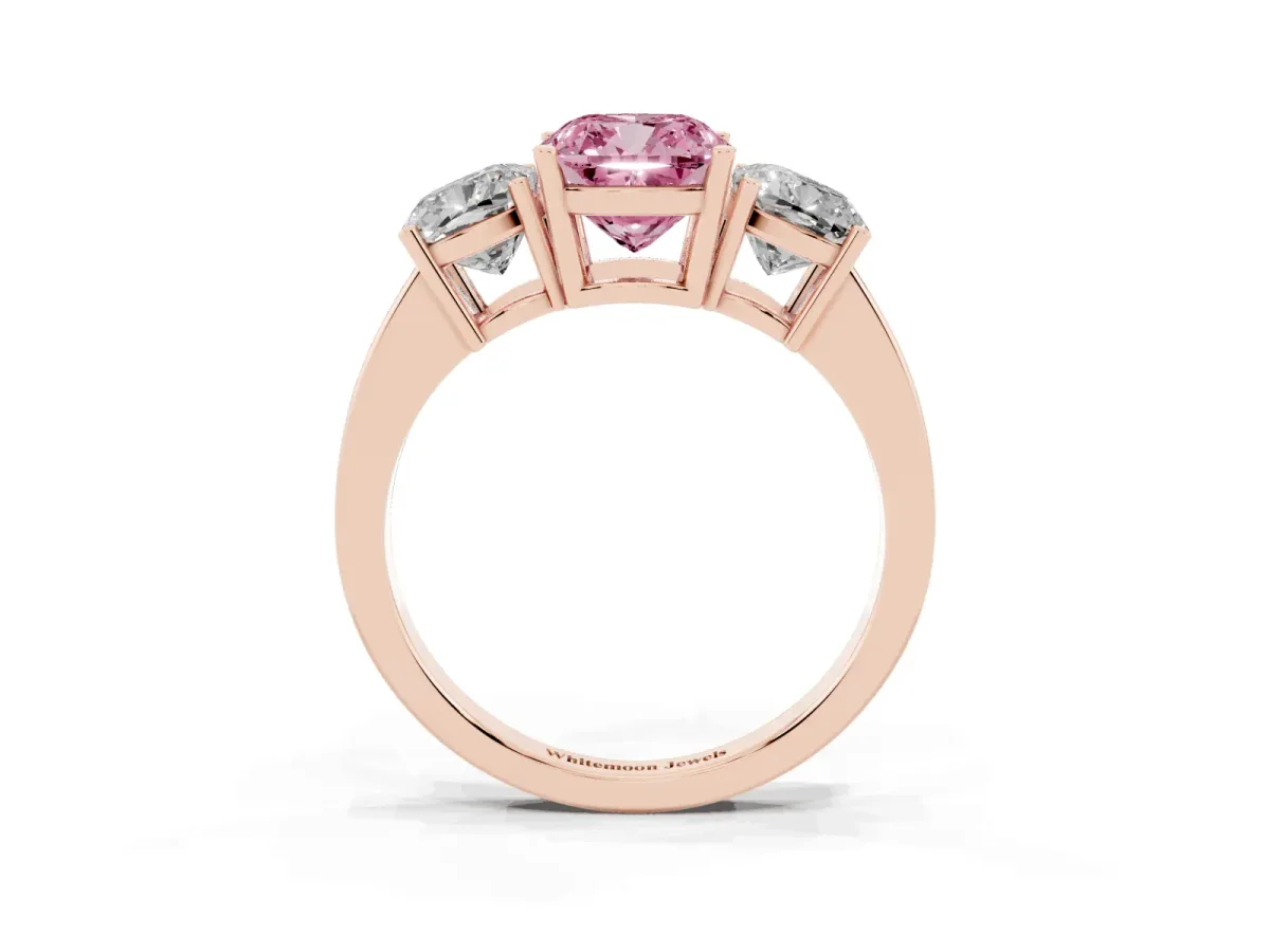 Fancy Pink Three-Stone Cushion Cut Cut Diamond Engagement Ring with Flat Band and Four-Prong Setting Rose gold
