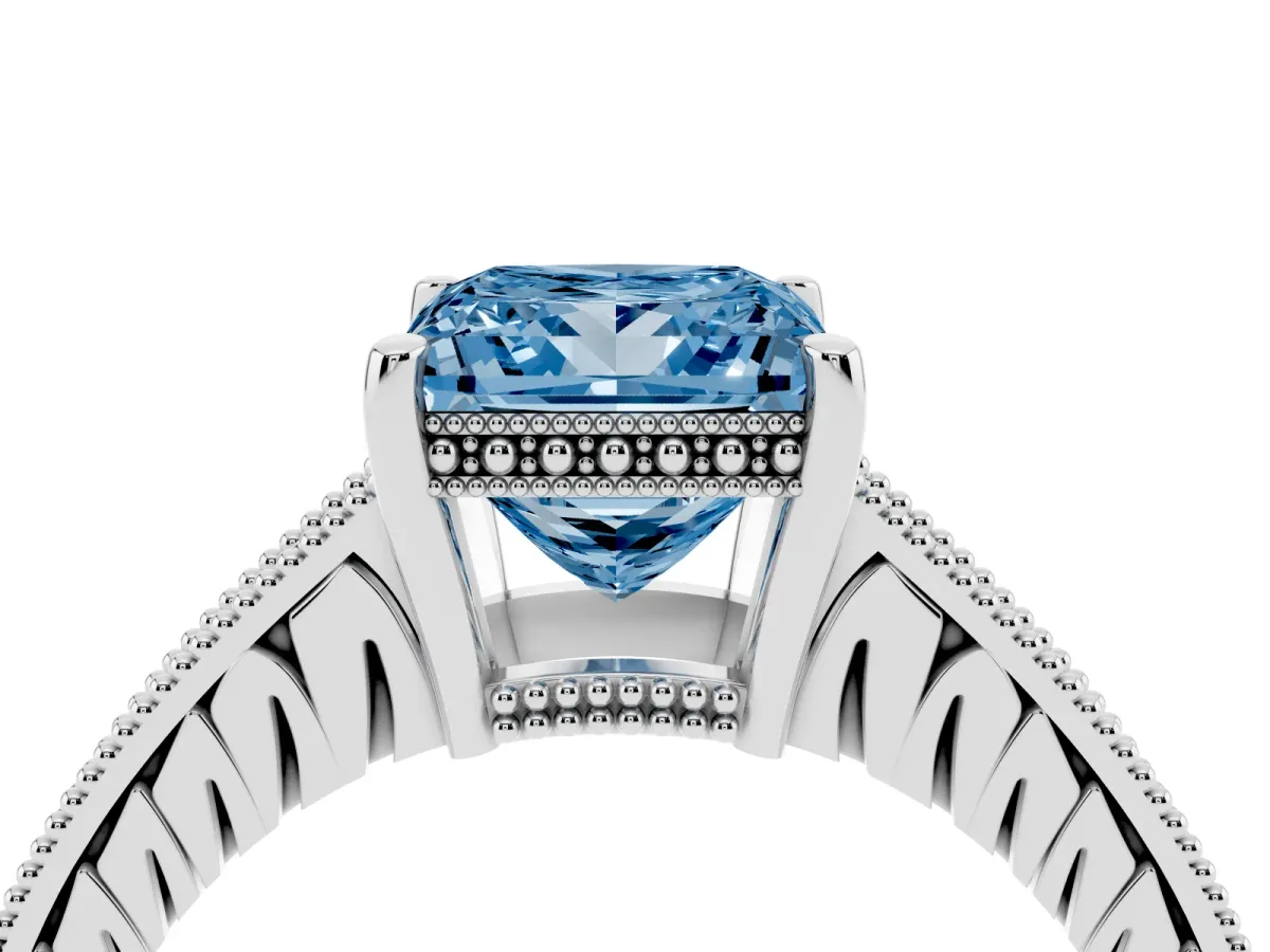 Fancy Blue Princess Cut Solitaire Pavé Diamond Milgrain Engagement Ring with Four-Prong Setting Silver