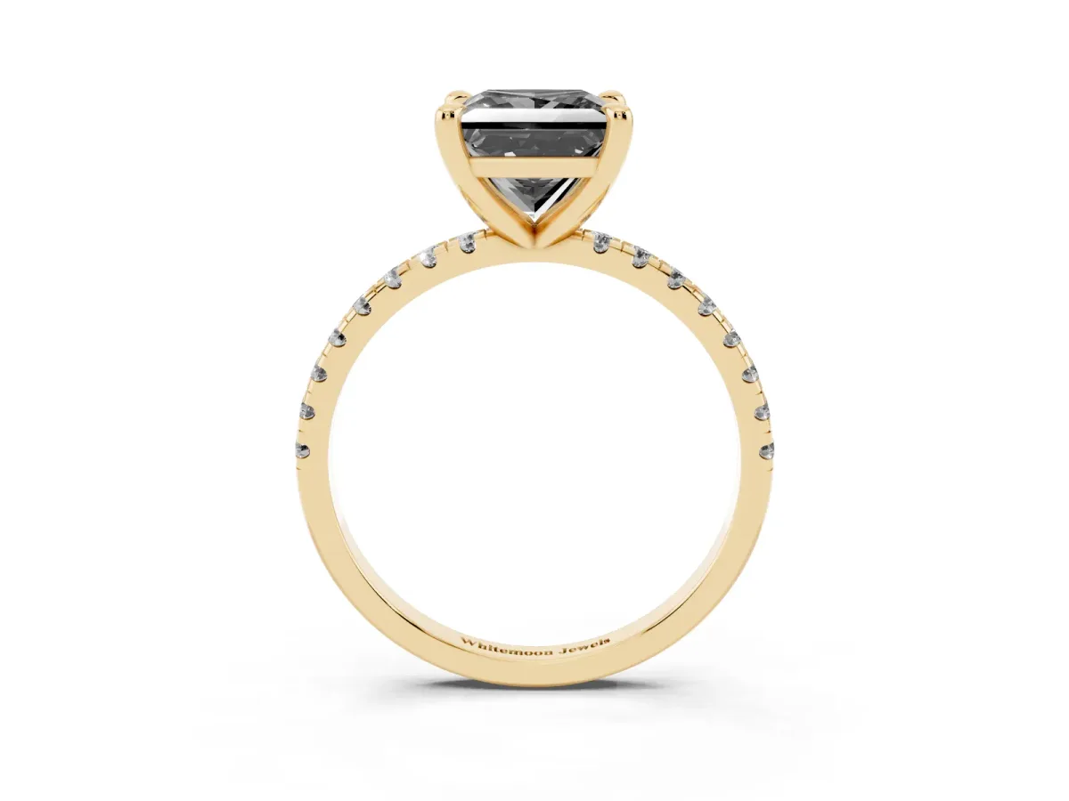 Fancy Black Princess Cut Diamond Brilliant Solitaire Ring with Pavé Band and Four-Prong Setting Yellow gold