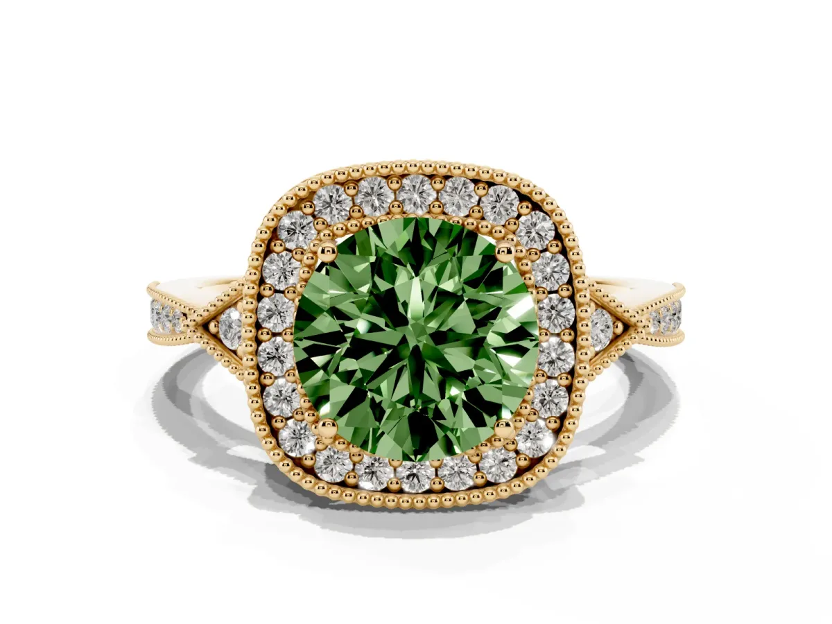 Fancy Green Round Cut Halo Round Diamond Milgrain Pave Engagement Ring Yellow gold