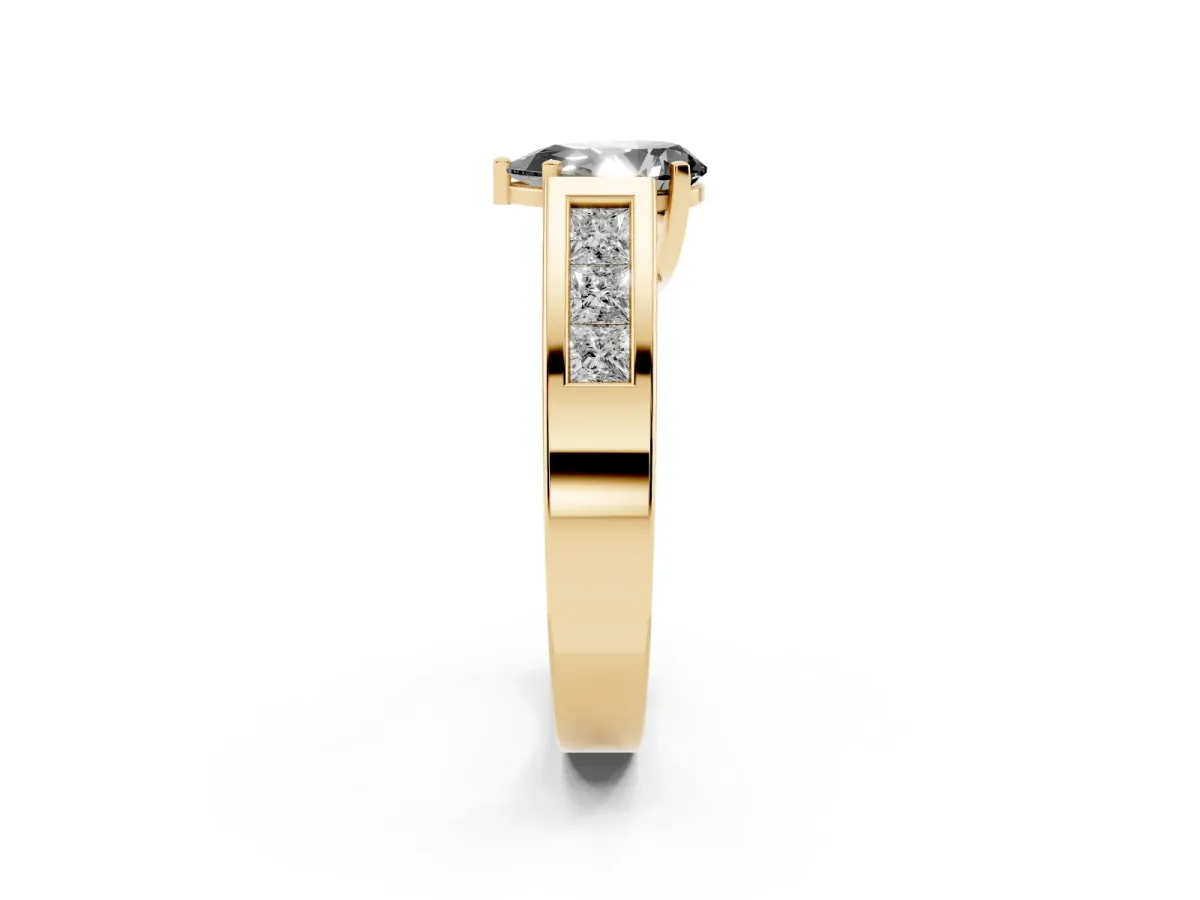 Fancy Black Pear Cut Cut Channel Set Solitaire Ring with Four-Prong Setting Yellow gold