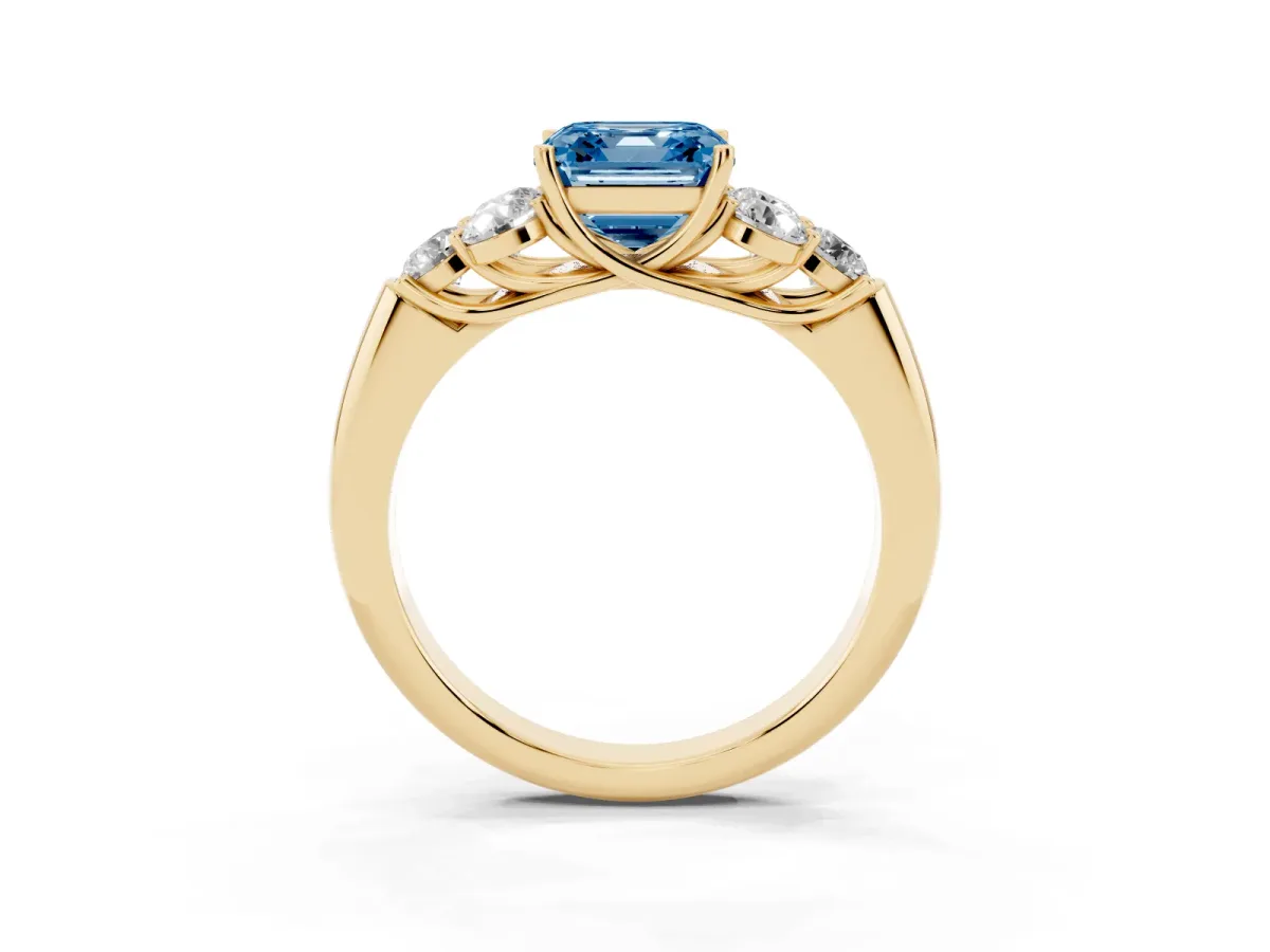 Fancy Blue Asscher Cut Cut Diamond Cluster Ring with Round Accent Stones and Prong Setting on a Classic Band Yellow gold