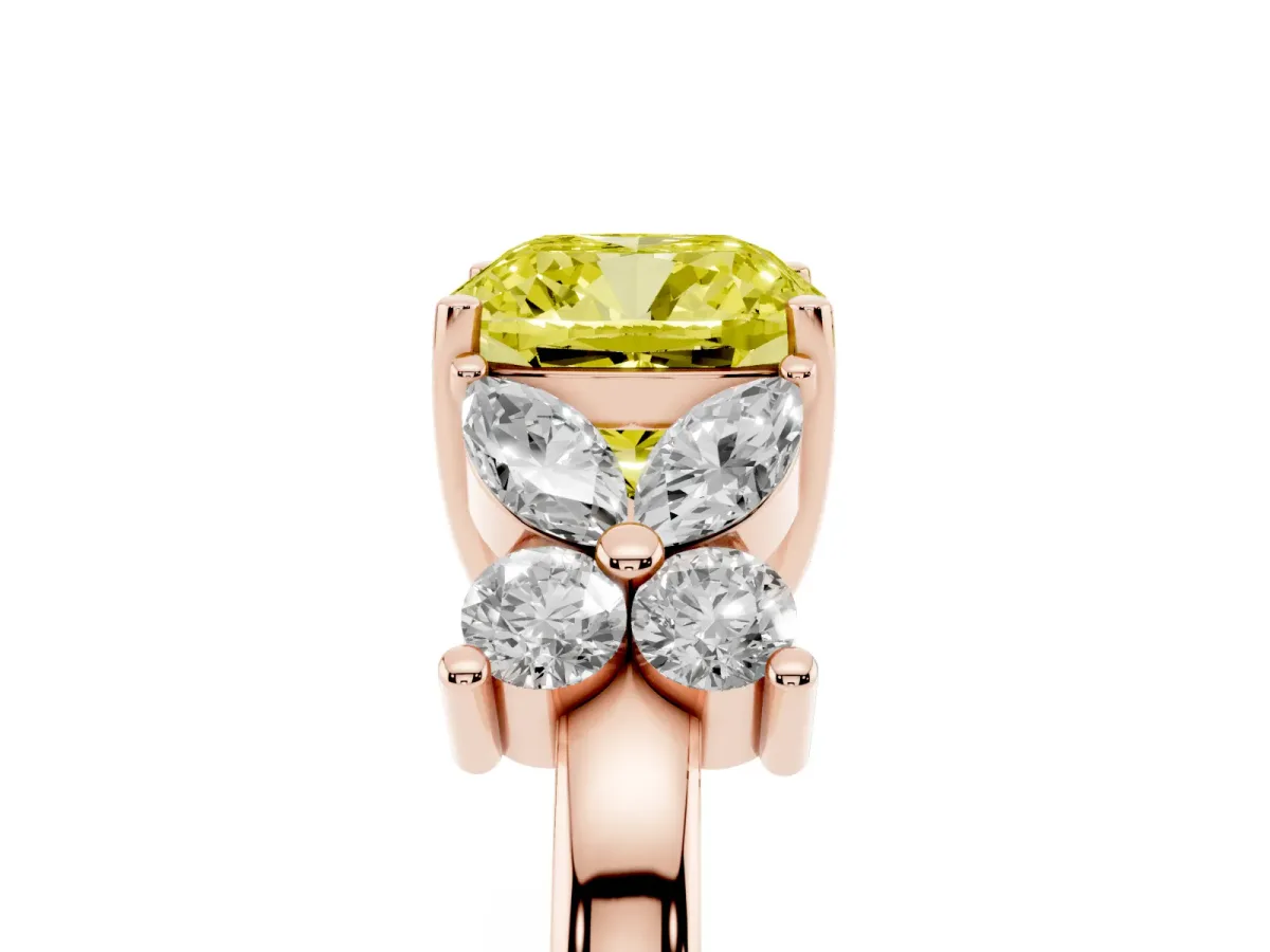 Fancy Yellow Cushion Cut Diamond Floral Cluster Ring with Solitaire Band and Prong Setting Rose gold