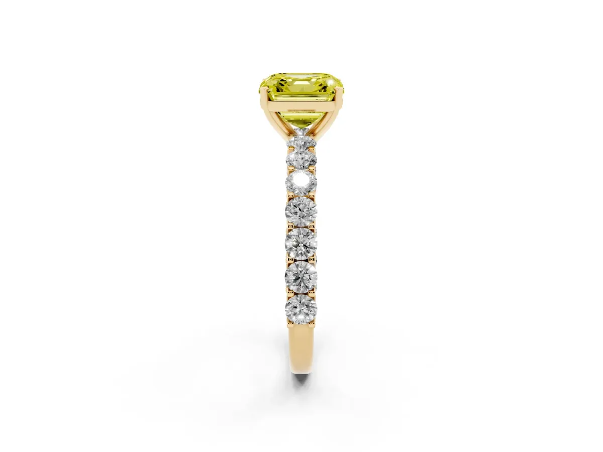 Fancy Yellow Asscher Cut Diamond Solitaire Ring with Shared Prong Pavé Band and Four-Prong Setting Yellow gold
