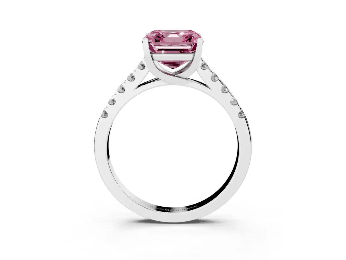 Fancy Pink Asscher Cut Diamond Pavé Band Solitaire Ring with Prong Setting Platinum