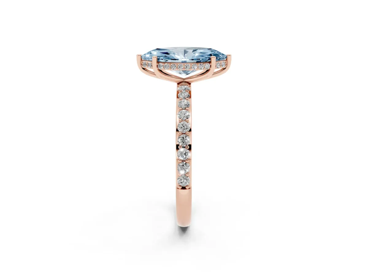 Fancy Blue Marquise Cut Diamond Solitaire Ring with Pavé Band and Hidden Halo Rose gold