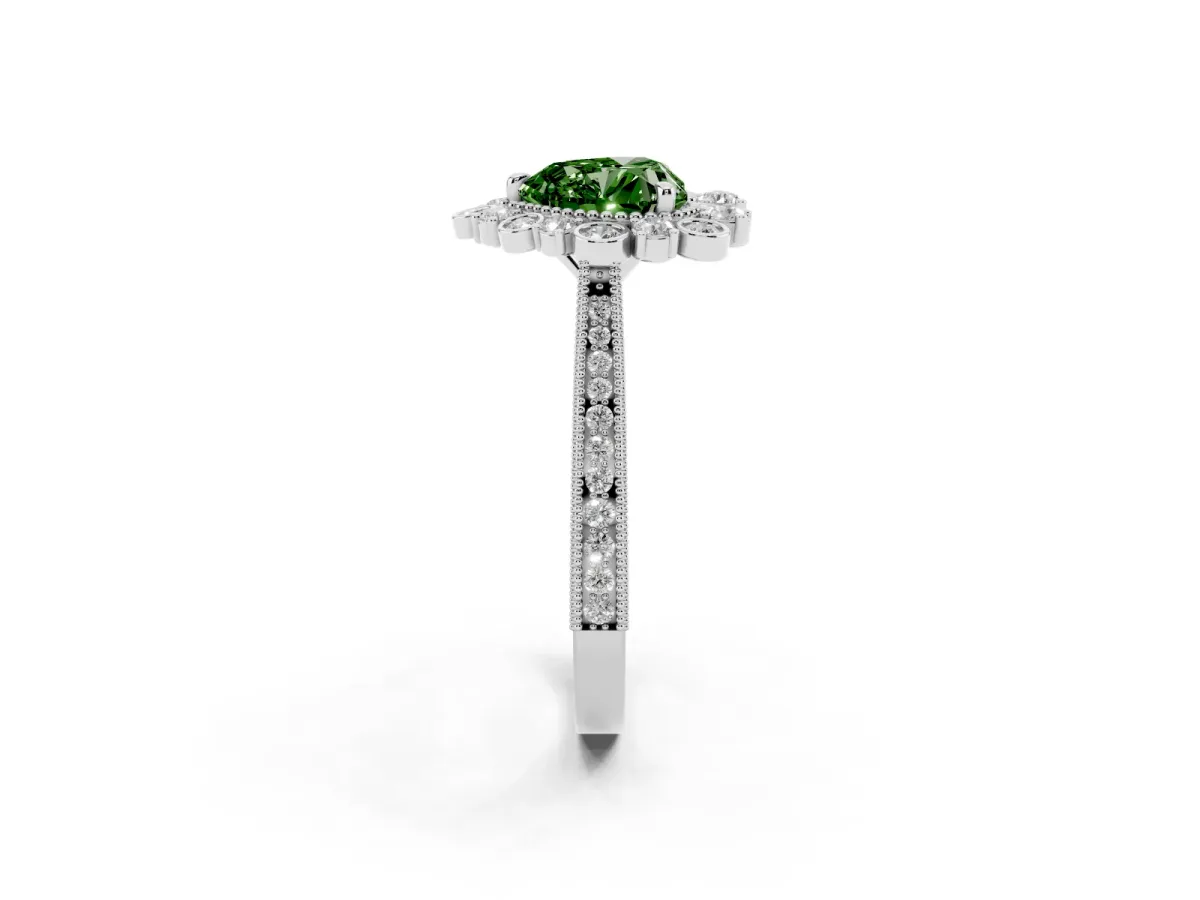 Fancy Green Heart Cut Halo Milgrain Pave Diamond Ring with Four-Prong Setting White gold