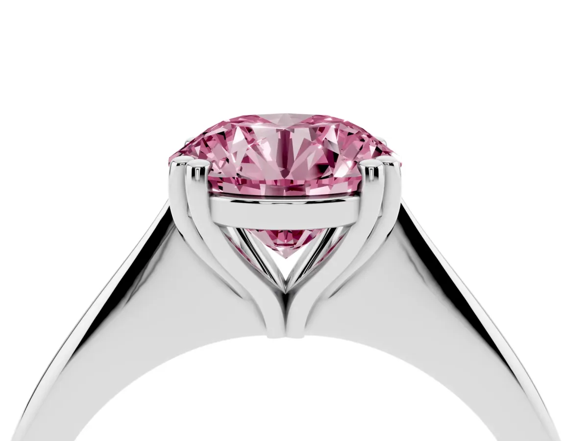Fancy Pink Round Cut Solitaire Diamond Ring with Six-Prong Setting and Classic Band Silver