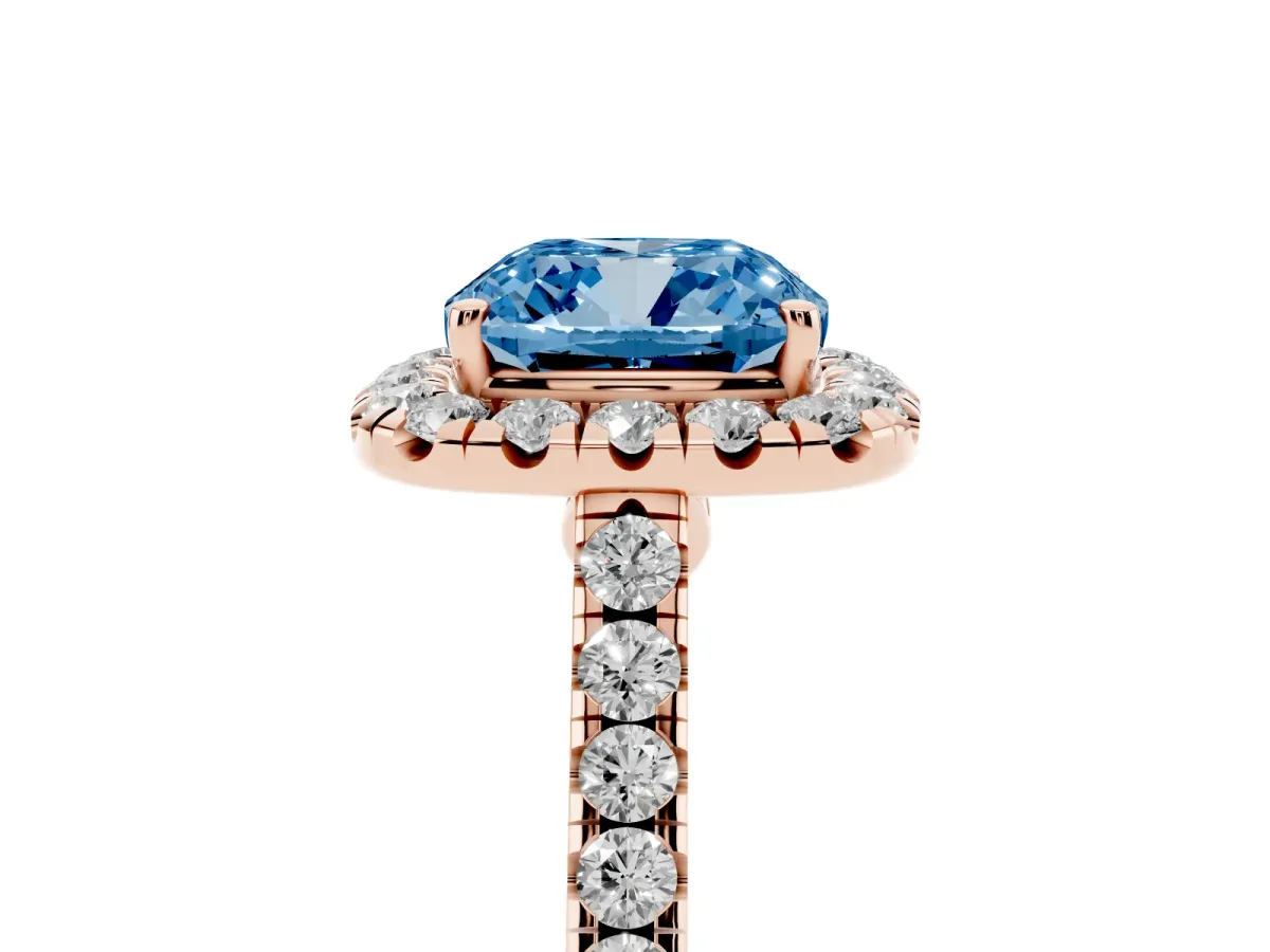Fancy Blue Cushion Cut Halo Pave Diamond Engagement Ring with Four-Prong Setting Rose gold