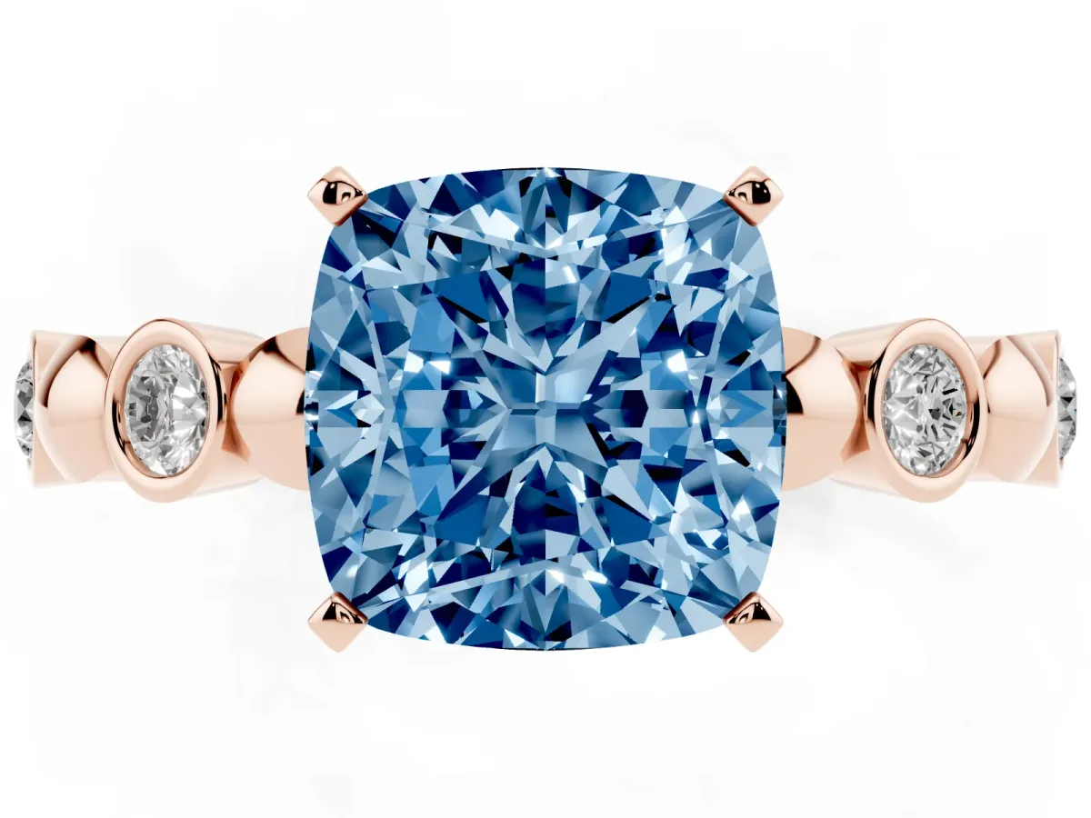 Fancy Blue Cushion Cut Solitaire Bezel-Set Diamond Ring with Beaded Band and Four-Prong Setting Rose gold