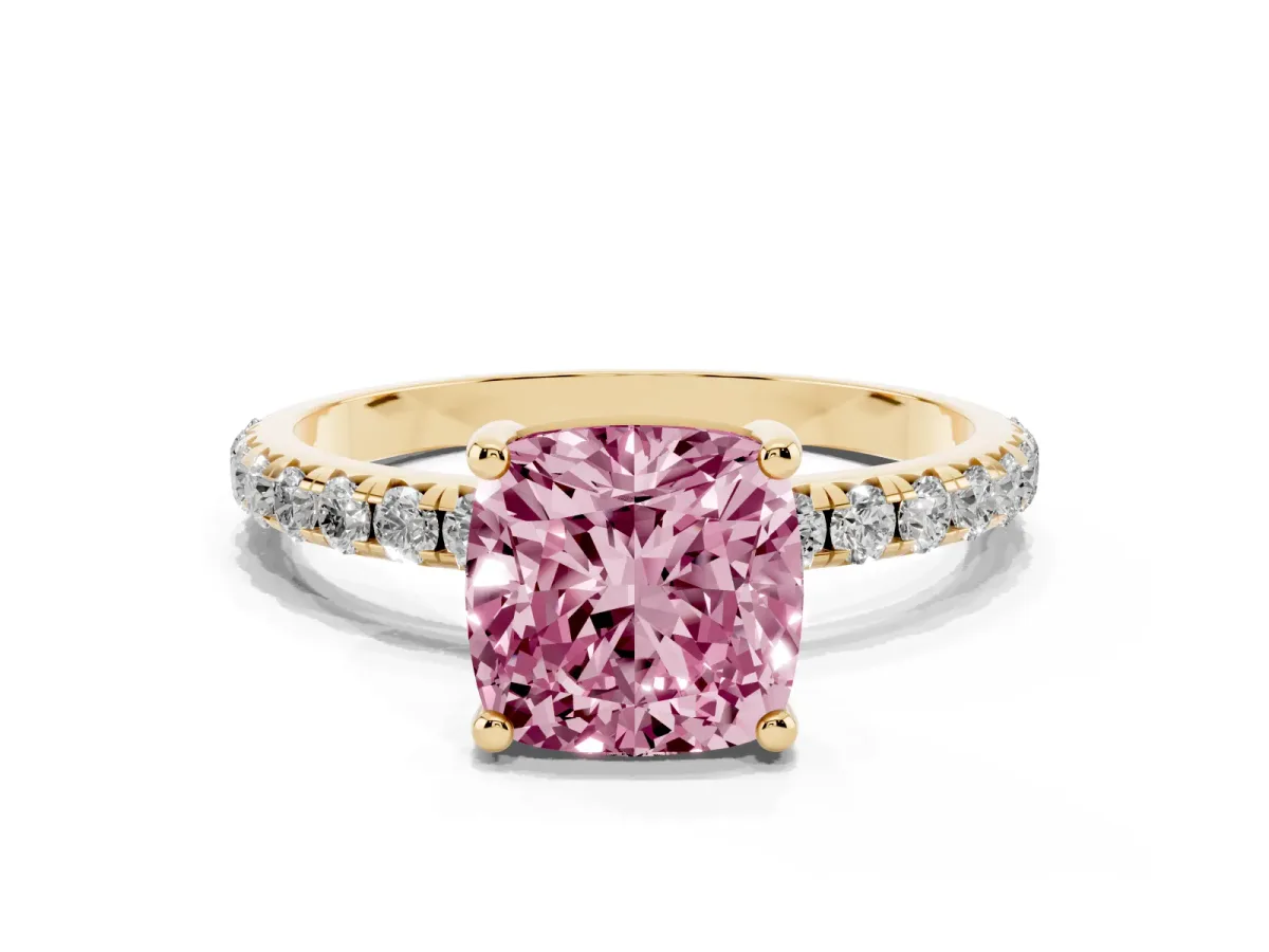 Fancy Pink Cushion Cut Cut Diamond Solitaire Ring with Micro Pave Band and Four Prong Setting Yellow gold