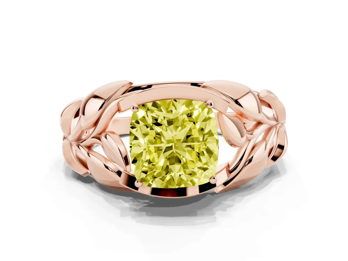 Fancy Yellow Cushion Cut Diamond Leaf-Inspired Engagement Ring with Round Accents and Prong Setting Rose gold