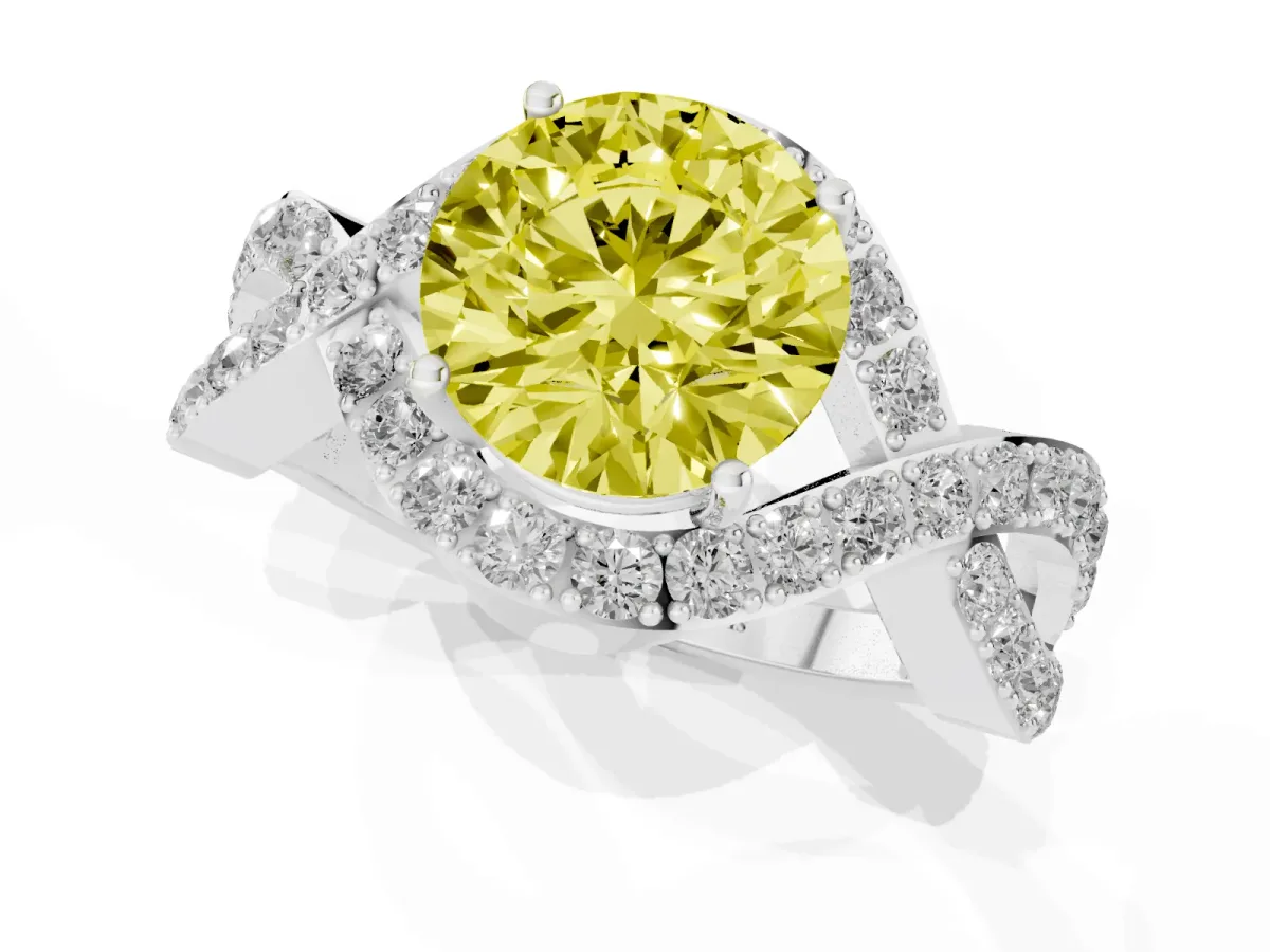 Fancy Yellow Round Cut Solitaire Twist Band Pavé Diamond Engagement Ring Silver