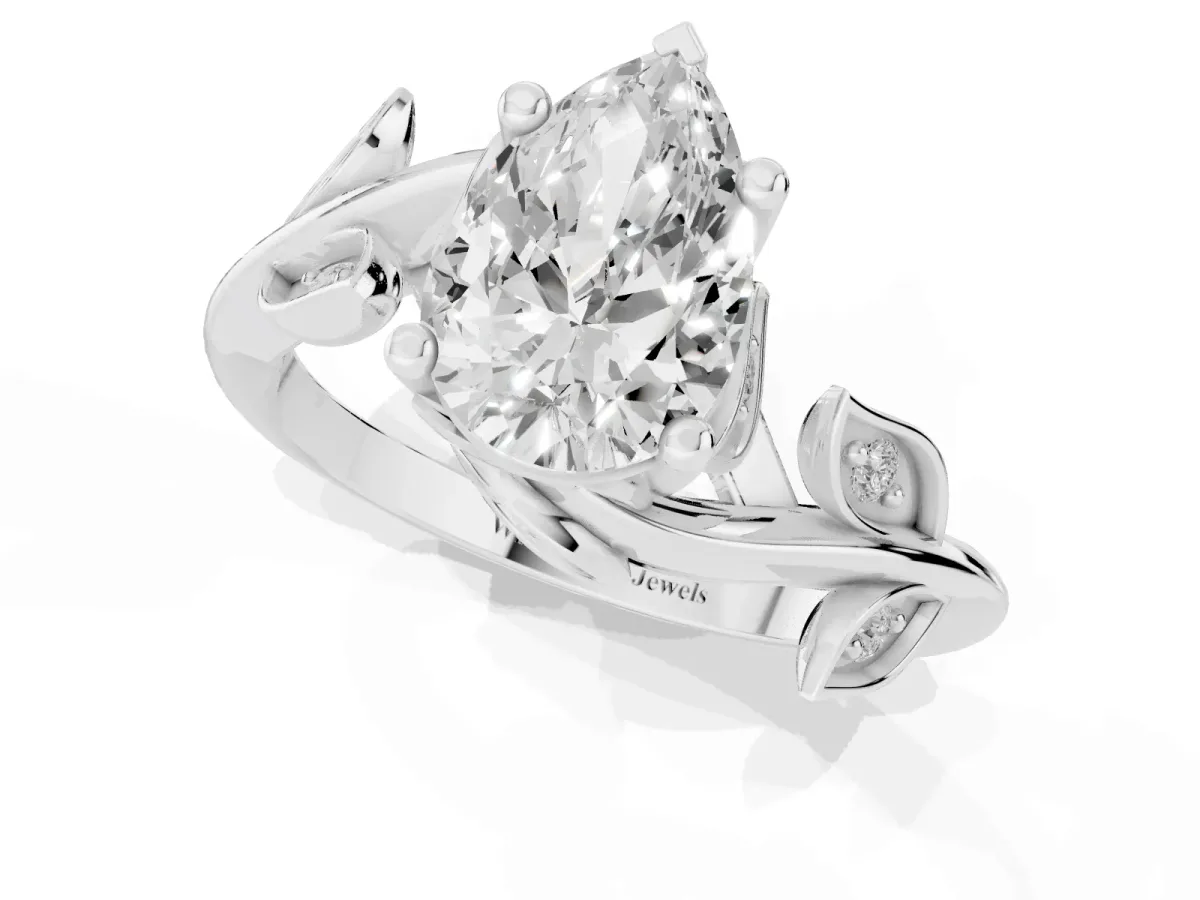 Pear Cut Solitaire Twist Engagement Ring with Leaf Accents and Prong Setting Silver