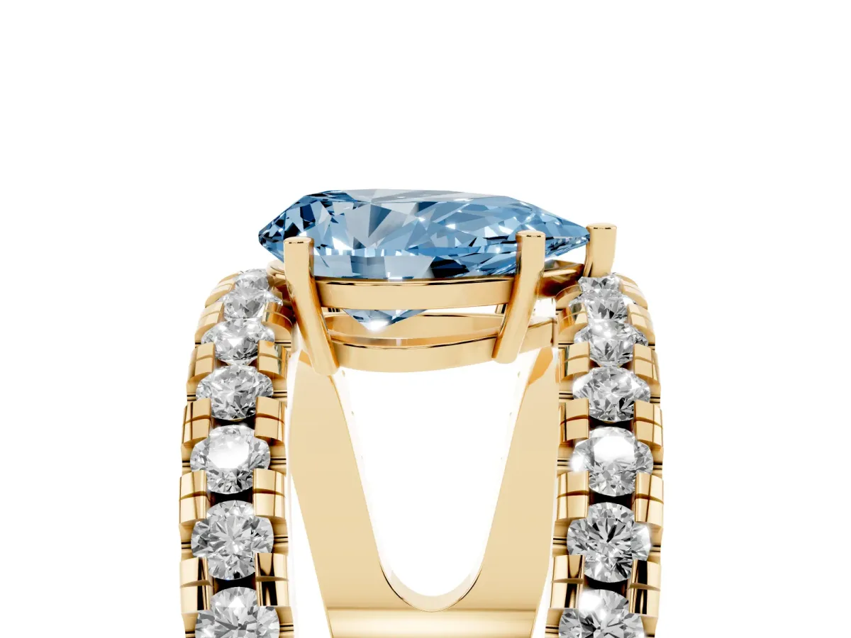 Fancy Blue Pear Cut Solitaire Split Shank Pave Diamond Ring Yellow gold