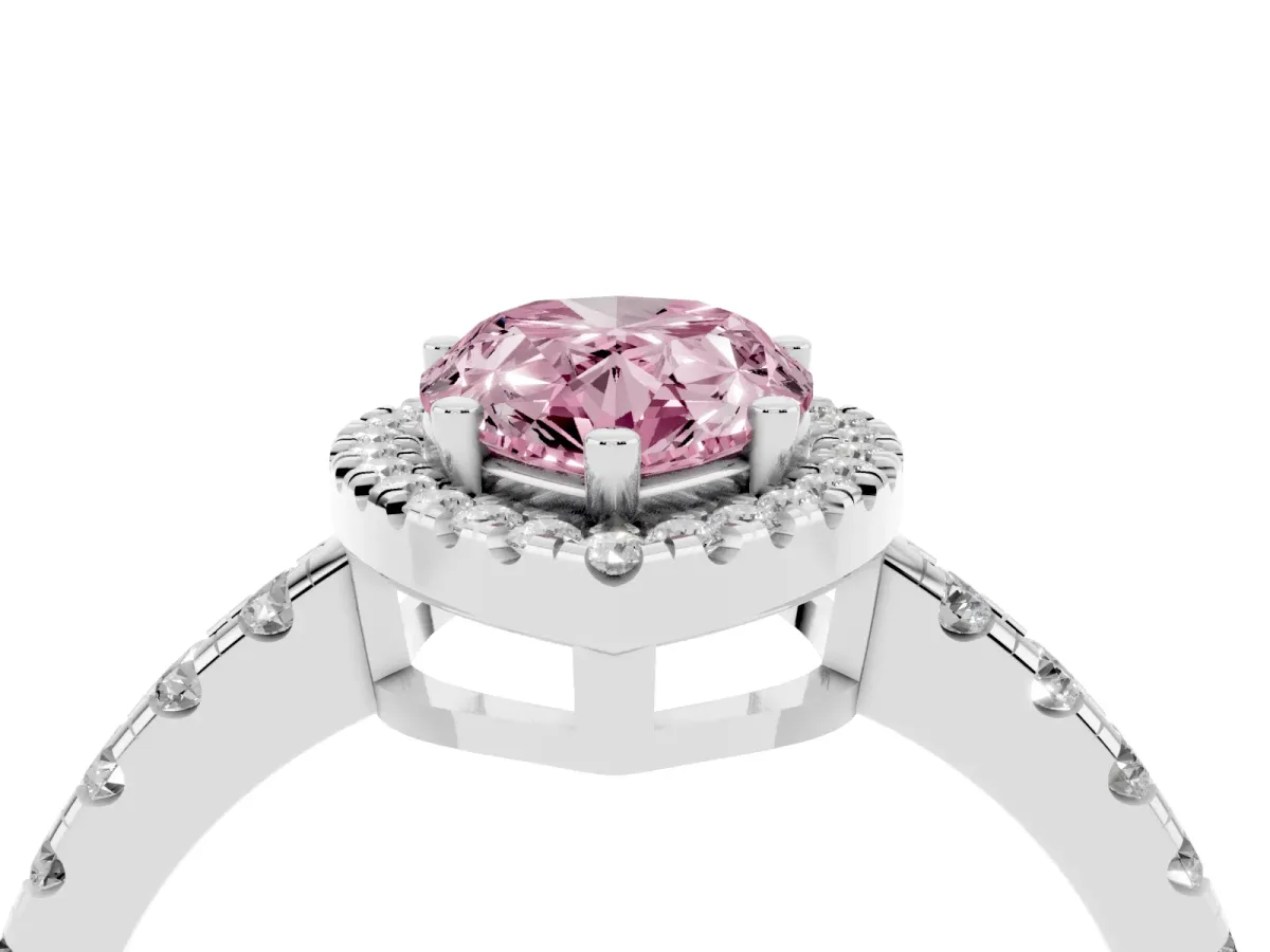 Fancy Pink Pear Cut Diamond Halo Ring with Pavé Band and Four-Prong Setting Platinum