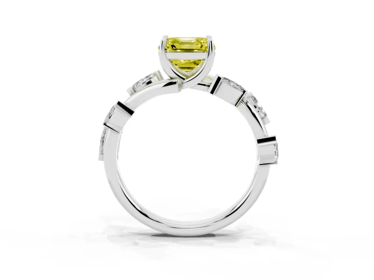 Fancy Yellow Asscher Cut Solitaire Twisted Band Marquise Accent Prong Setting Ring Platinum
