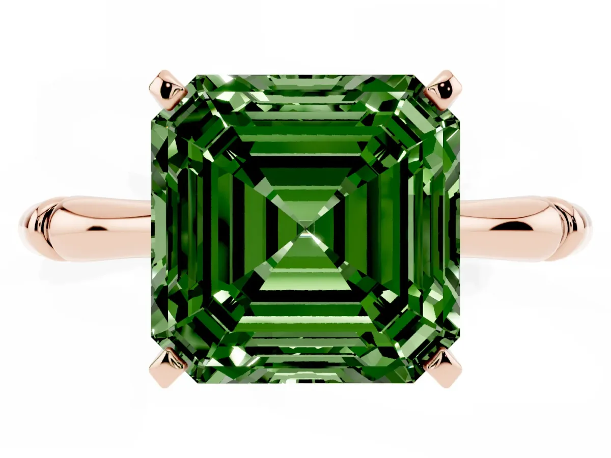 Fancy Green Asscher Cut Solitaire Diamond Ring with Bamboo Band and Four-Prong Setting Rose gold