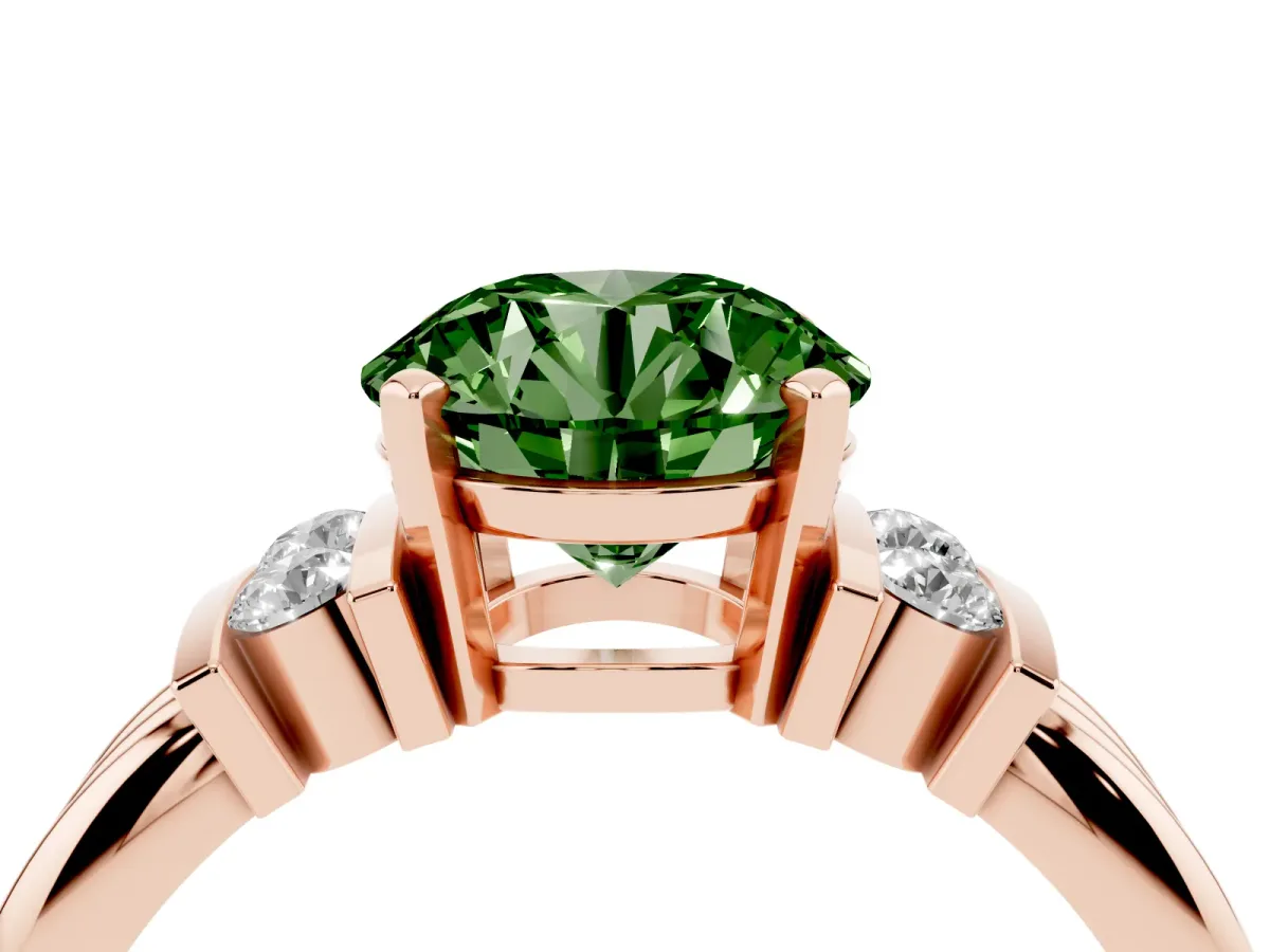 Fancy Green Round Cut Cut Three-Stone Channel Set Ring with Bar Prongs Rose gold