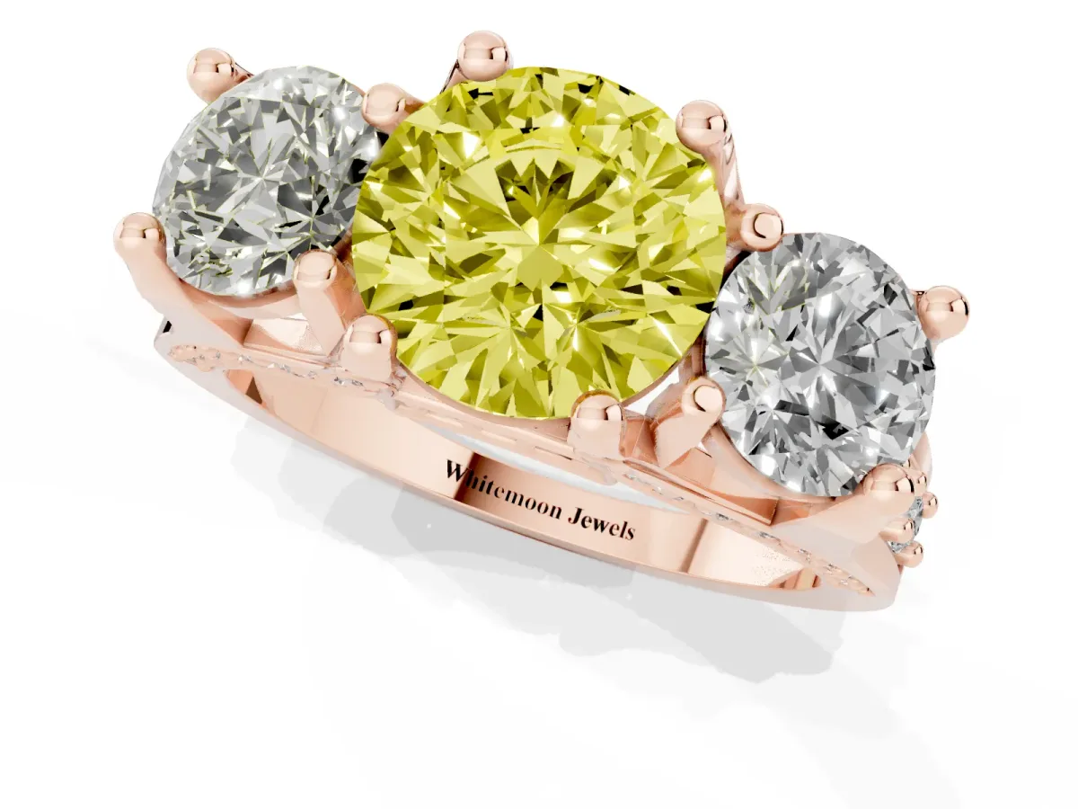 Fancy Yellow Round Cut Diamond Three-Stone Ring with Channel Set Band and Four-Prong Setting Rose gold