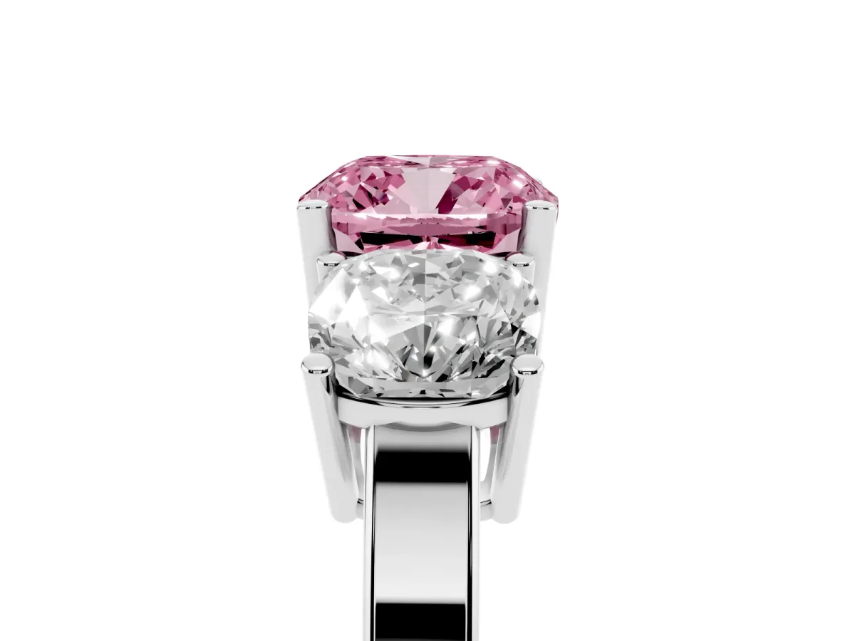 Fancy Pink Three-Stone Cushion Cut Cut Diamond Engagement Ring with Flat Band and Four-Prong Setting Silver