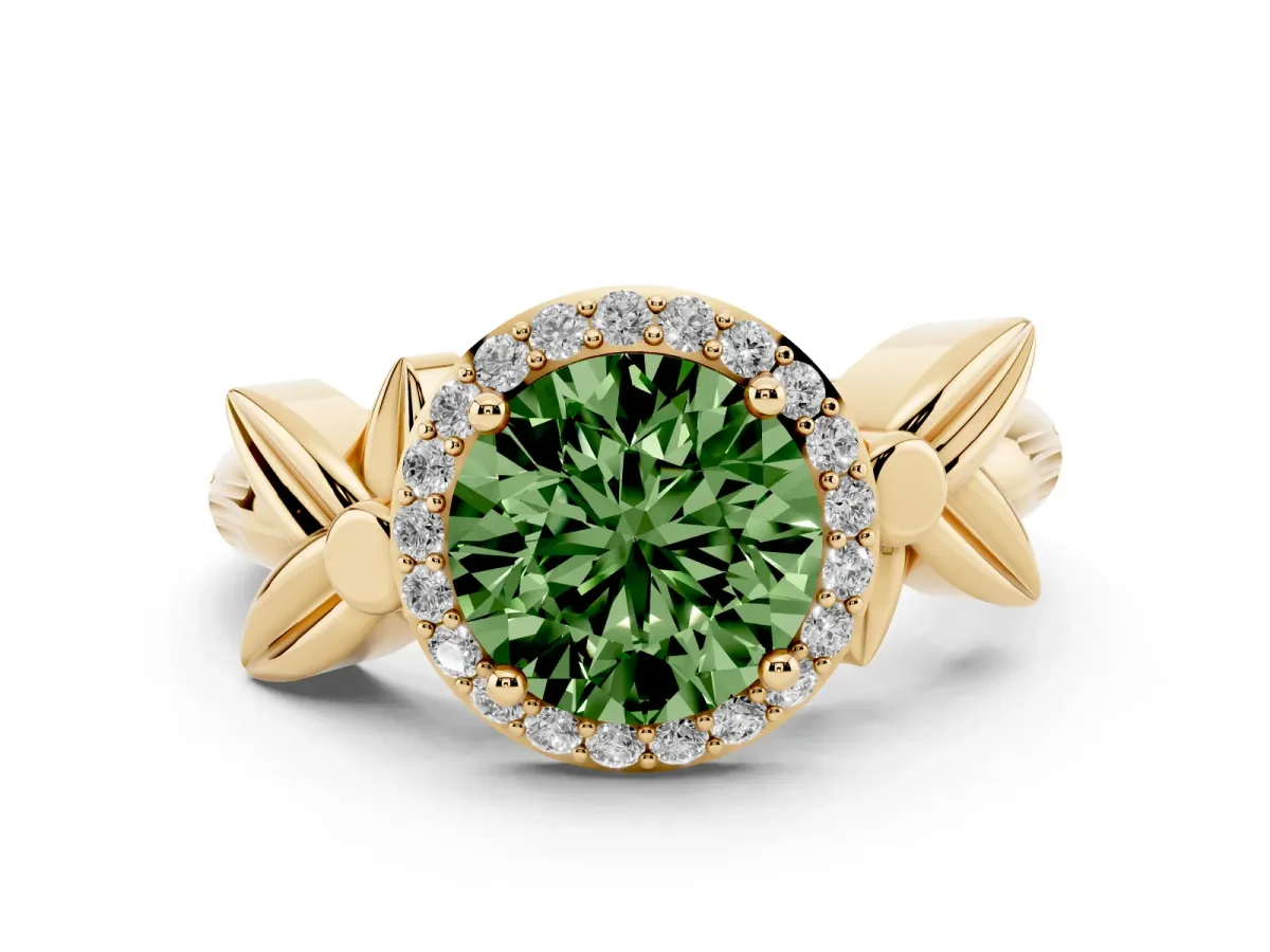 Fancy Green Round Cut Halo Diamond Floral Band with Four-Prong Setting Yellow gold
