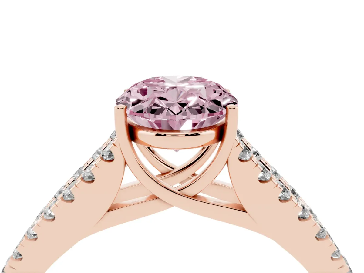 Fancy Pink Oval Cut Diamond Split Shank Engagement Ring with Round Pavé and Prong Setting Rose gold