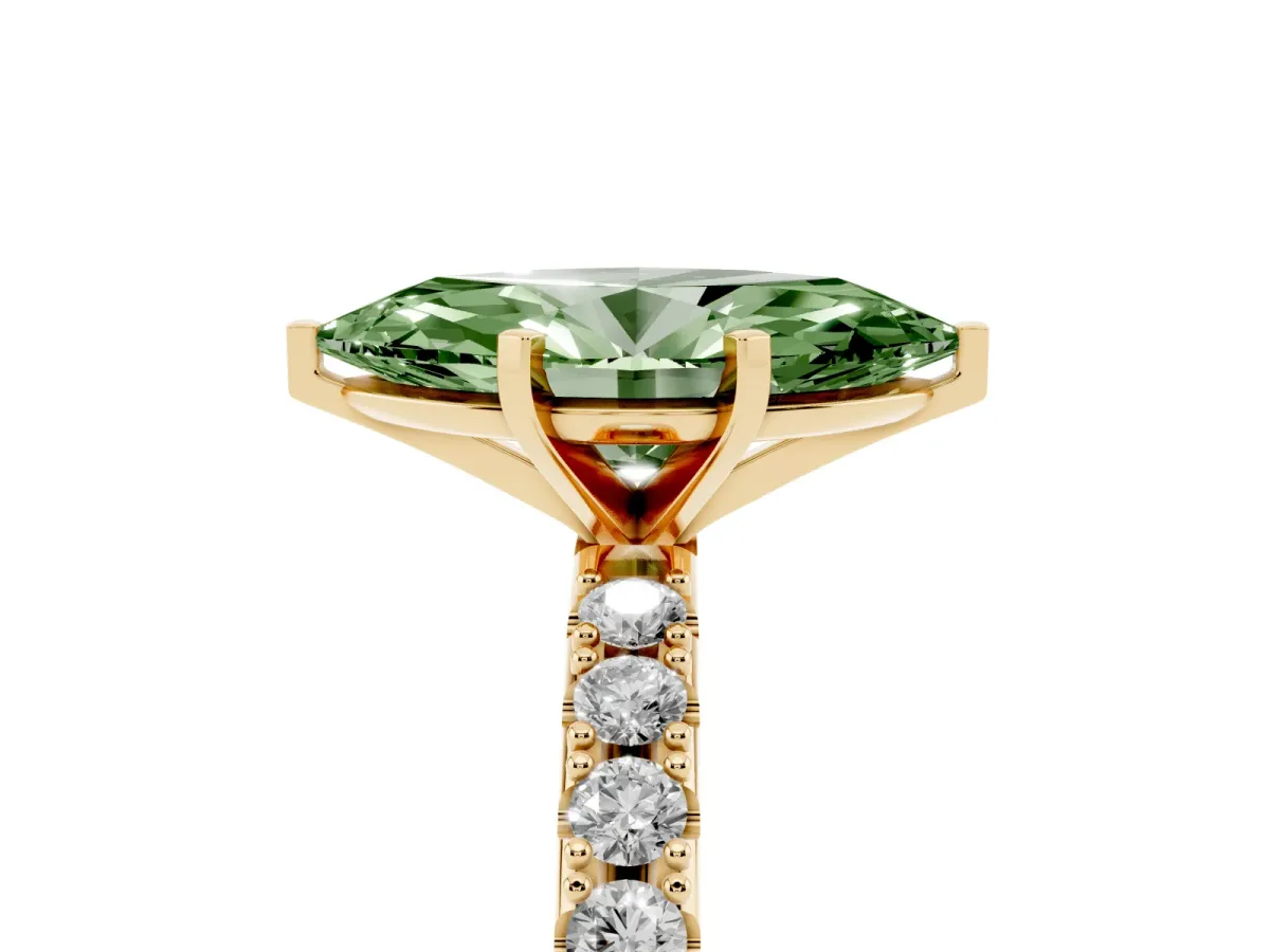 Fancy Green Marquise Cut Diamond Solitaire Pavé Band with Four-Prong Setting Yellow gold