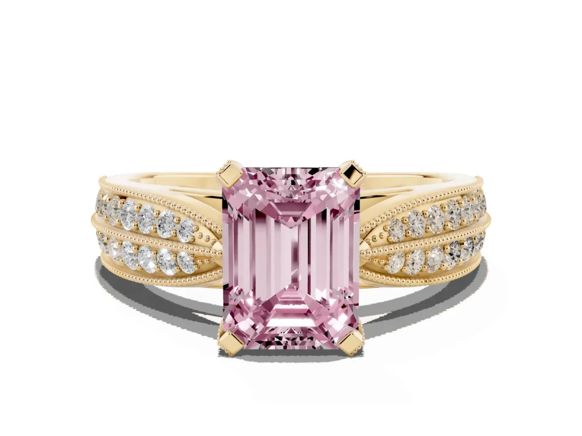 Fancy Pink Emerald Cut Diamond Solitaire Ring with Milgrain Round Pavé Band and Prong Setting Yellow gold