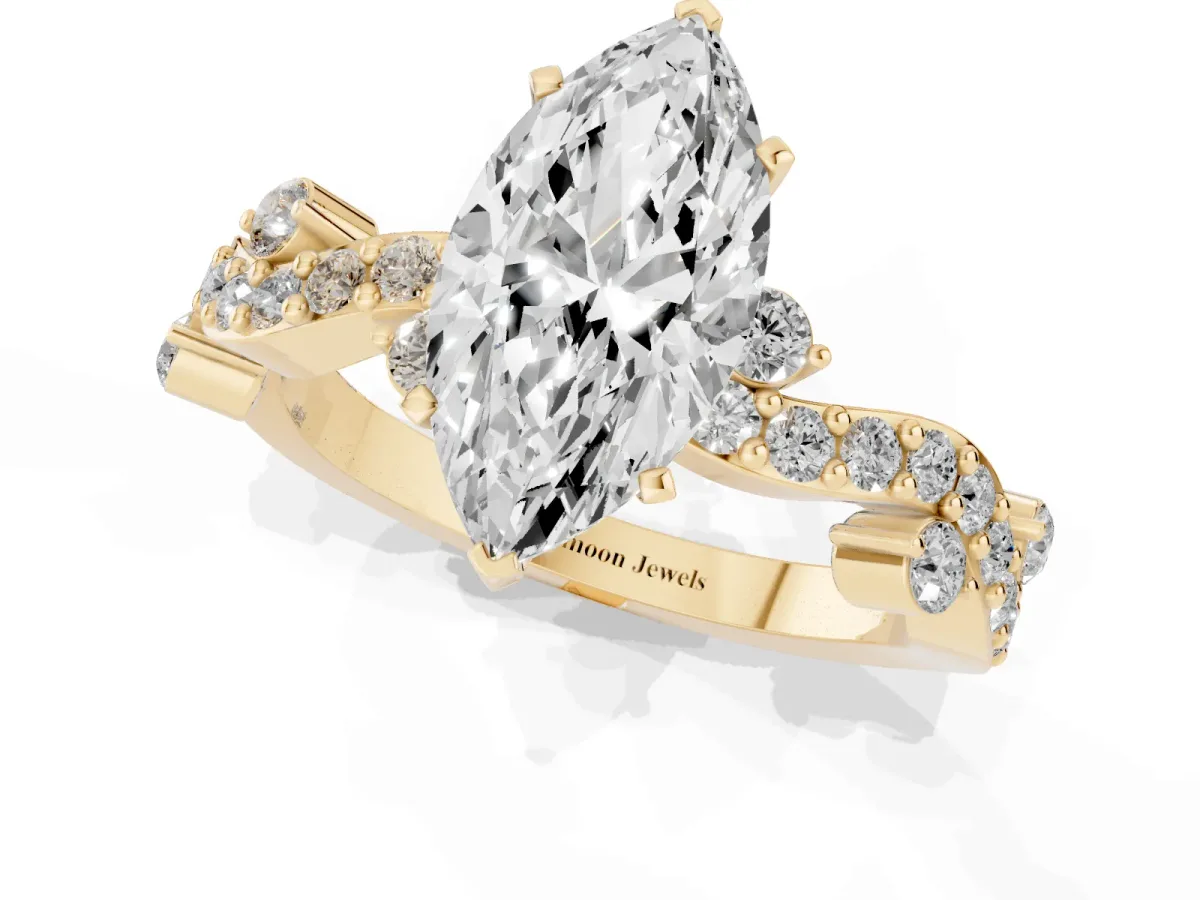 Marquise Cut Cut Solitaire Diamond Twisted Band with Pave Setting Yellow gold