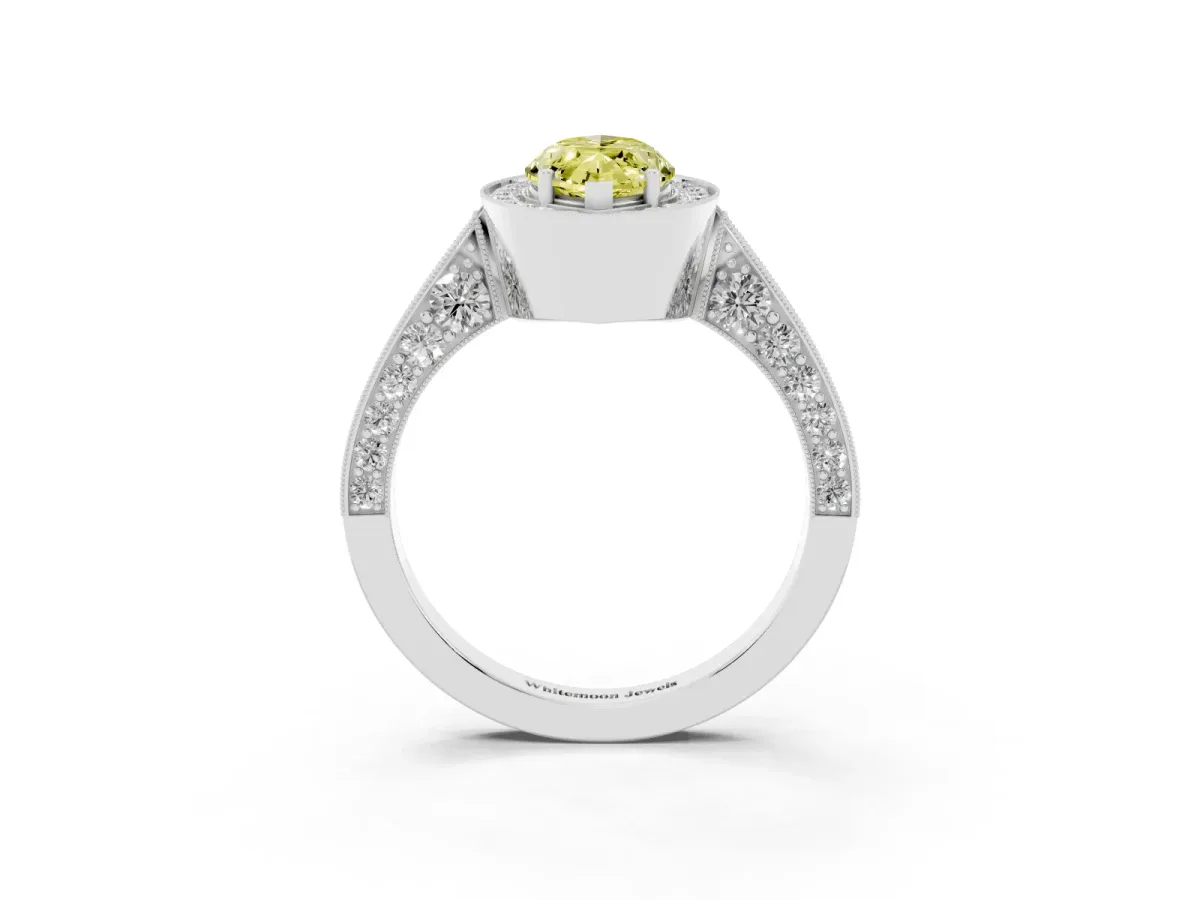 Fancy Yellow Marquise Cut Halo Diamond Engagement Ring with Split Shank Band and Four-Prong Setting Platinum