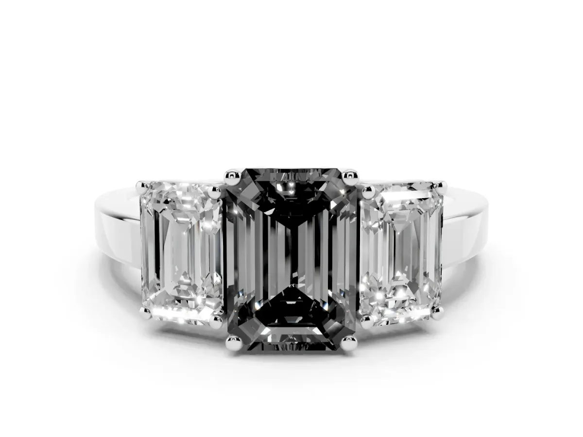 Fancy Black Three-Stone Emerald Cut Cut Diamond Engagement Ring with Flat Band and Four-Prong Setting Platinum