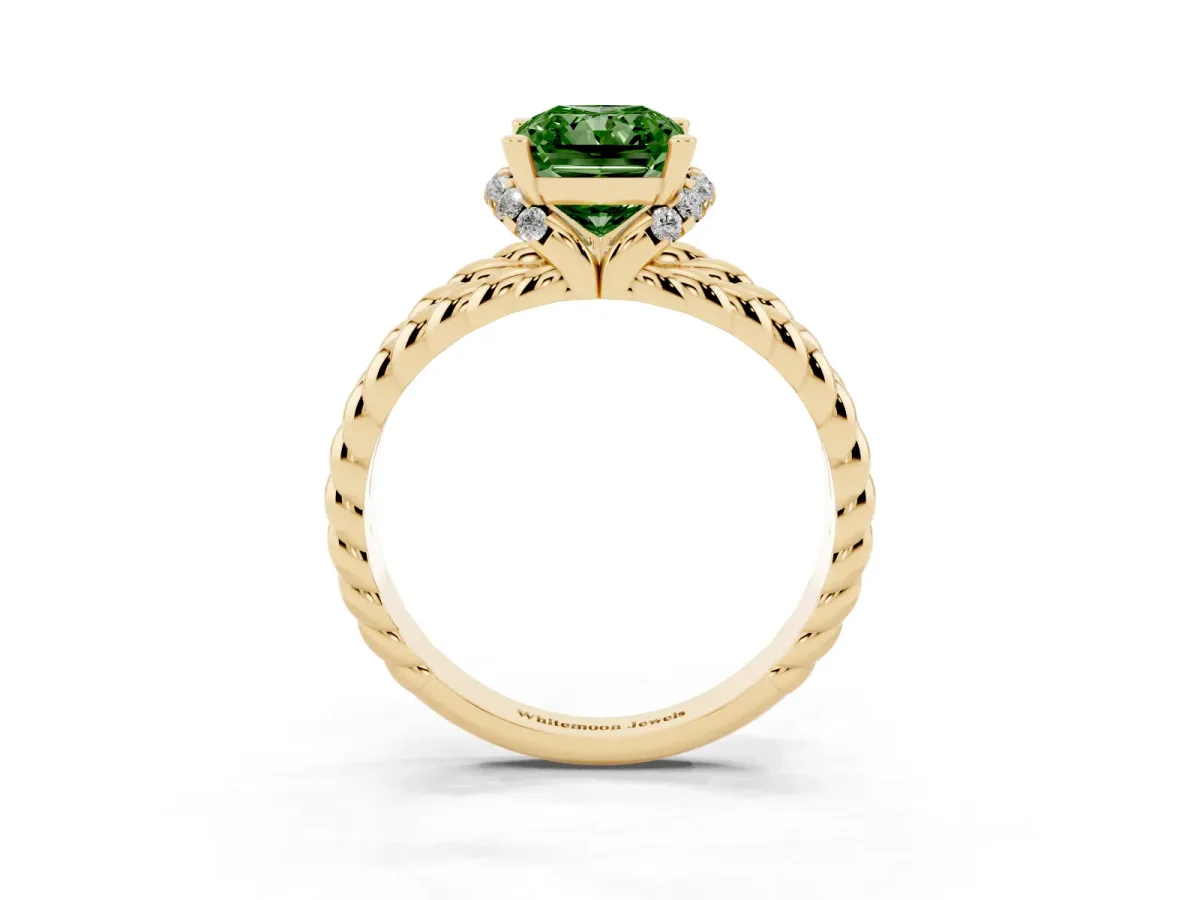 Fancy Green Radiant Cut Halo Twisted Band Four-Prong Ring Yellow gold