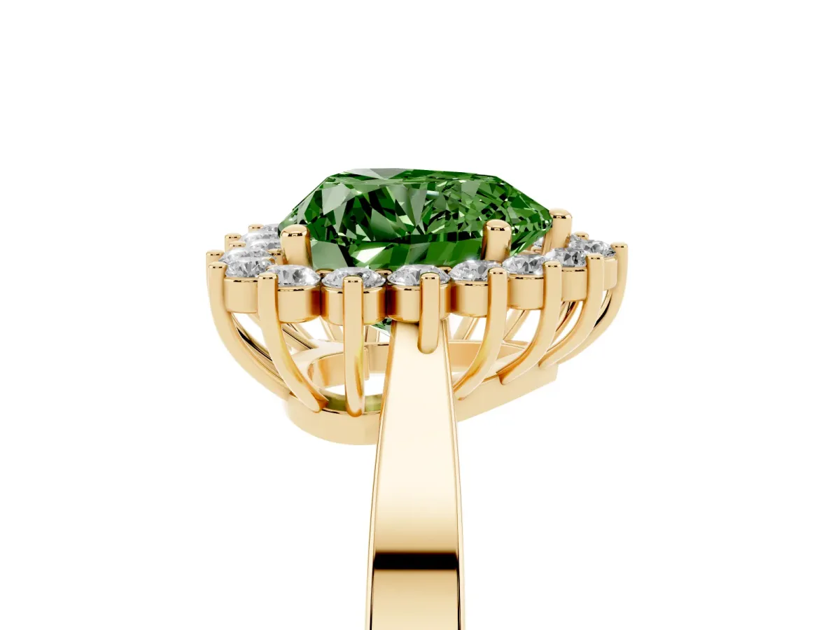Fancy Green Heart Cut Cut Diamond Halo Ring with Round Brilliant Halo and Solitaire Band Yellow gold