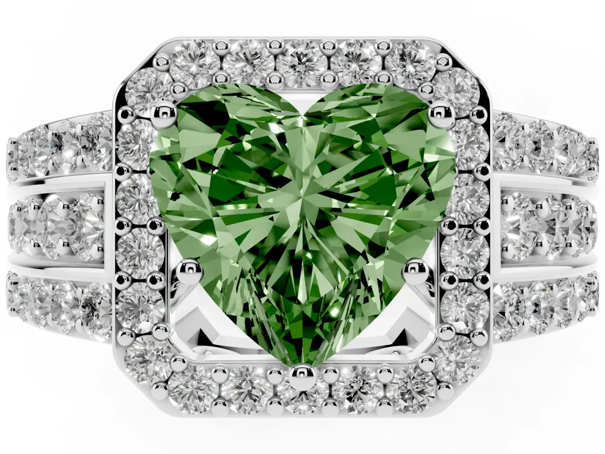 Fancy Green Heart Cut Halo Diamond Ring with Round Split Shank and Prong Setting Silver