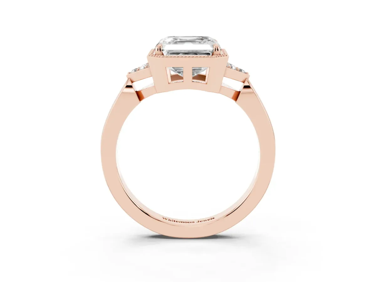 Milgrain Asscher Cut Cut Diamond Ring with Tapered Pave Band and Four Prong Setting Rose gold