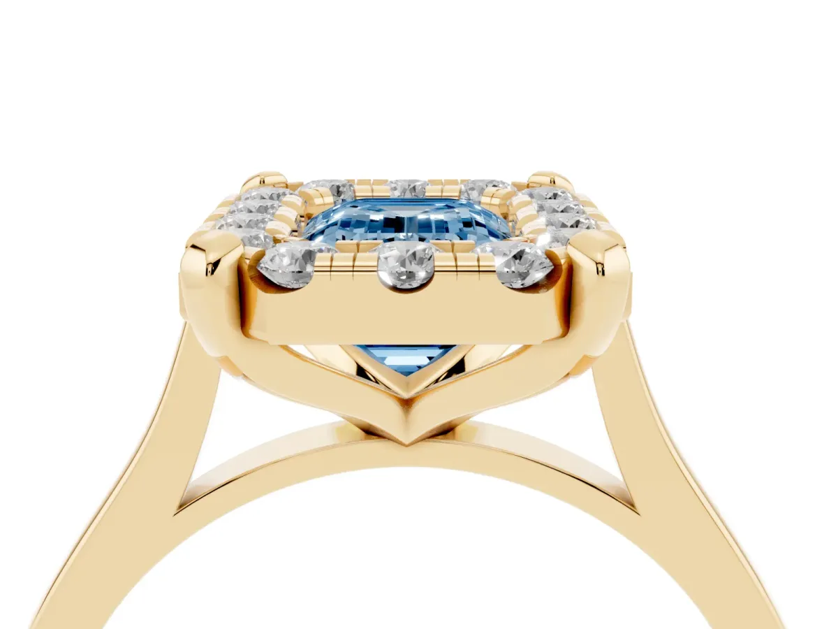 Fancy Blue Emerald Cut Diamond Cluster Halo Solitaire with Four-Prong Setting Yellow gold