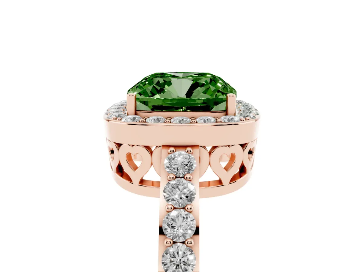 Fancy Green Cushion Cut Halo Diamond Pavé Band Ring with Prong Setting Rose gold