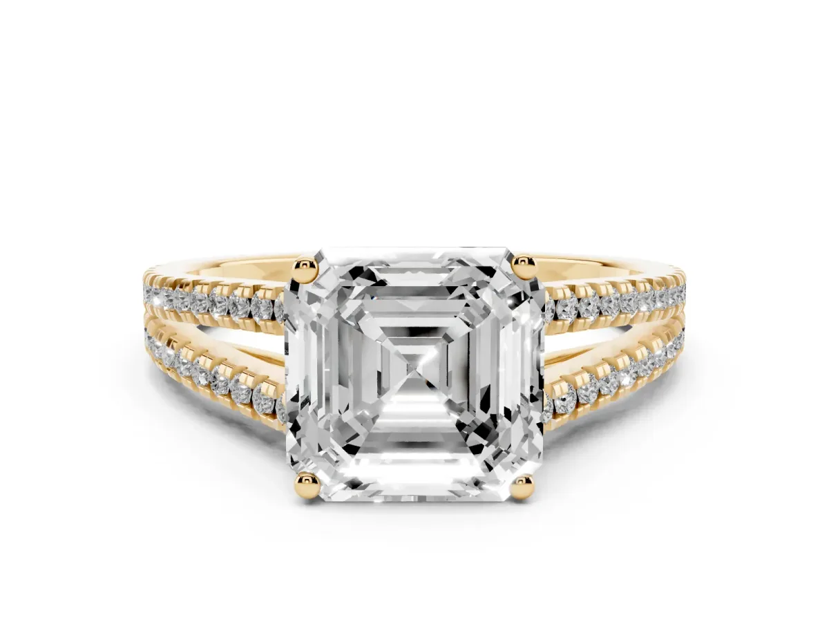 Asscher Cut Diamond Solitaire Engagement Ring with Split Shank Pavé Band Yellow gold
